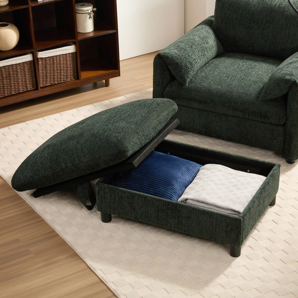 38' Single Sofa with Storage Ottoman, Adjustable Phone Holder, USB Charger, Side Storage Pockets, Pillow-Like Armrests, Wide Seat Chaise Lounge for Living Room&Apartment, Chenille, 4 Colors