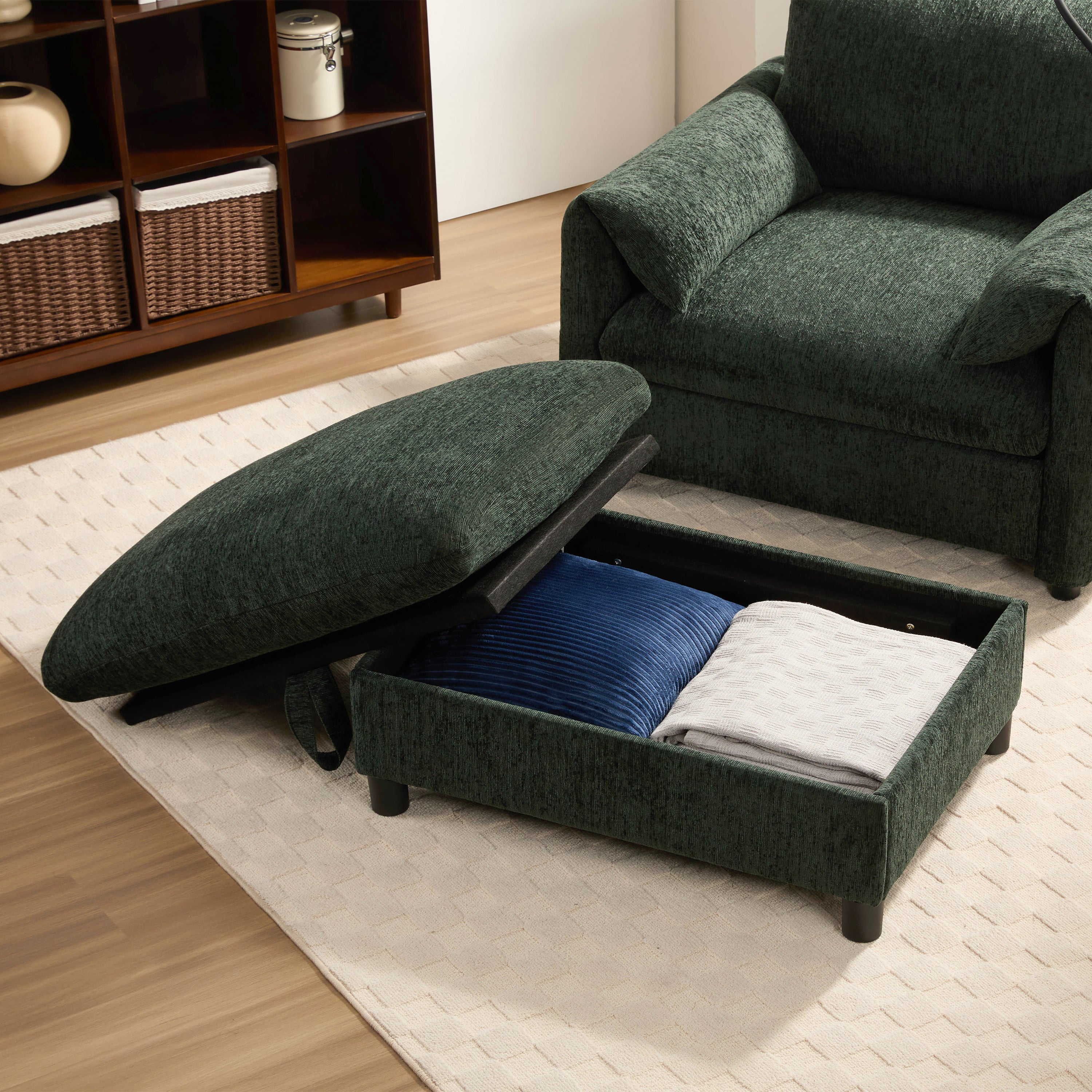 38' Single Sofa with Storage Ottoman, Adjustable Phone Holder, USB Charger, Side Storage Pockets, Pillow-Like Armrests, Wide Seat Chaise Lounge for Living Room&Apartment, Chenille, 4 Colors