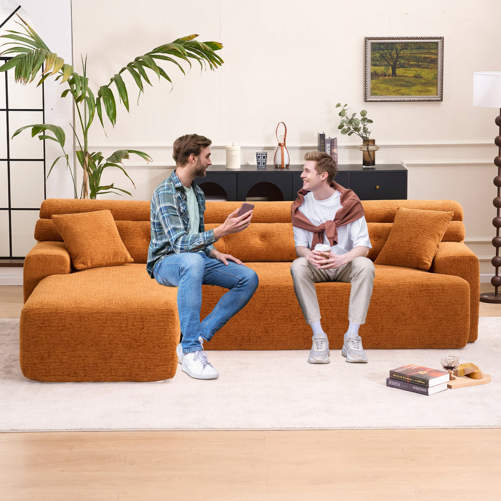 LY-029B Convertible Chaise Sectional Sofa, Full Compression Sponge Modular Couch for Apartment Living Room,Orange 3-Seater with Wood Grain Chenille, 2 Pillows Included, 86'L