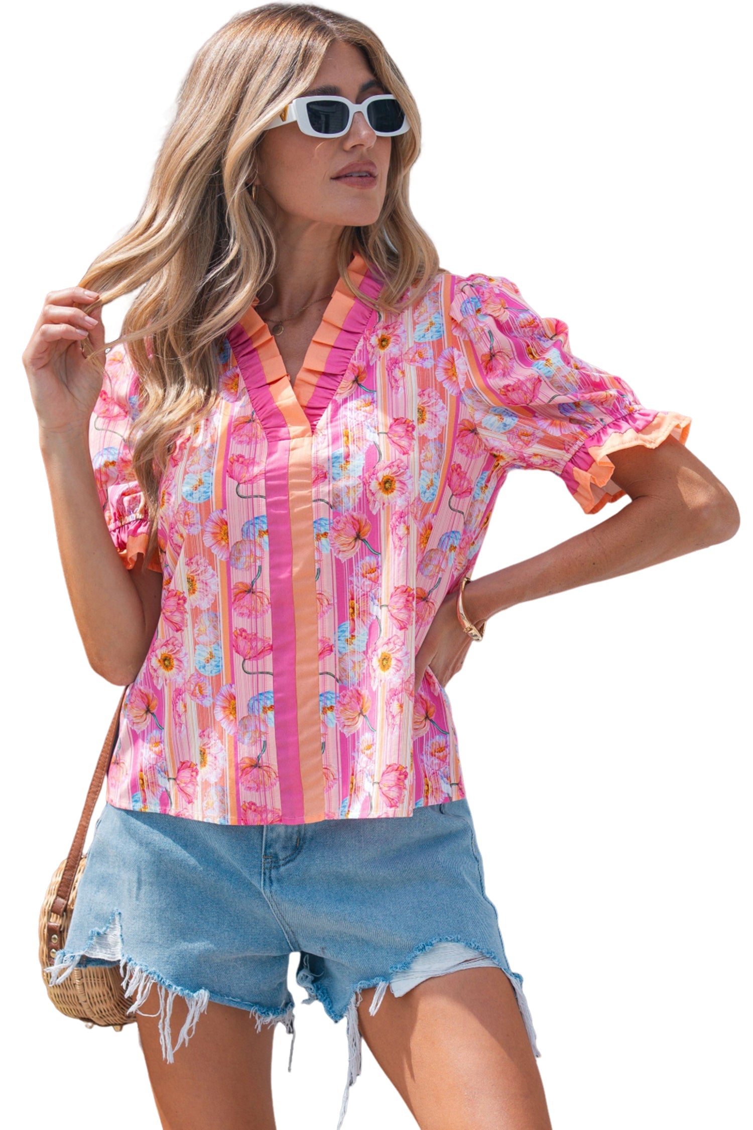 Floral Poppy Stripe Colorblock V-Neck Short Sleeve Blouse
