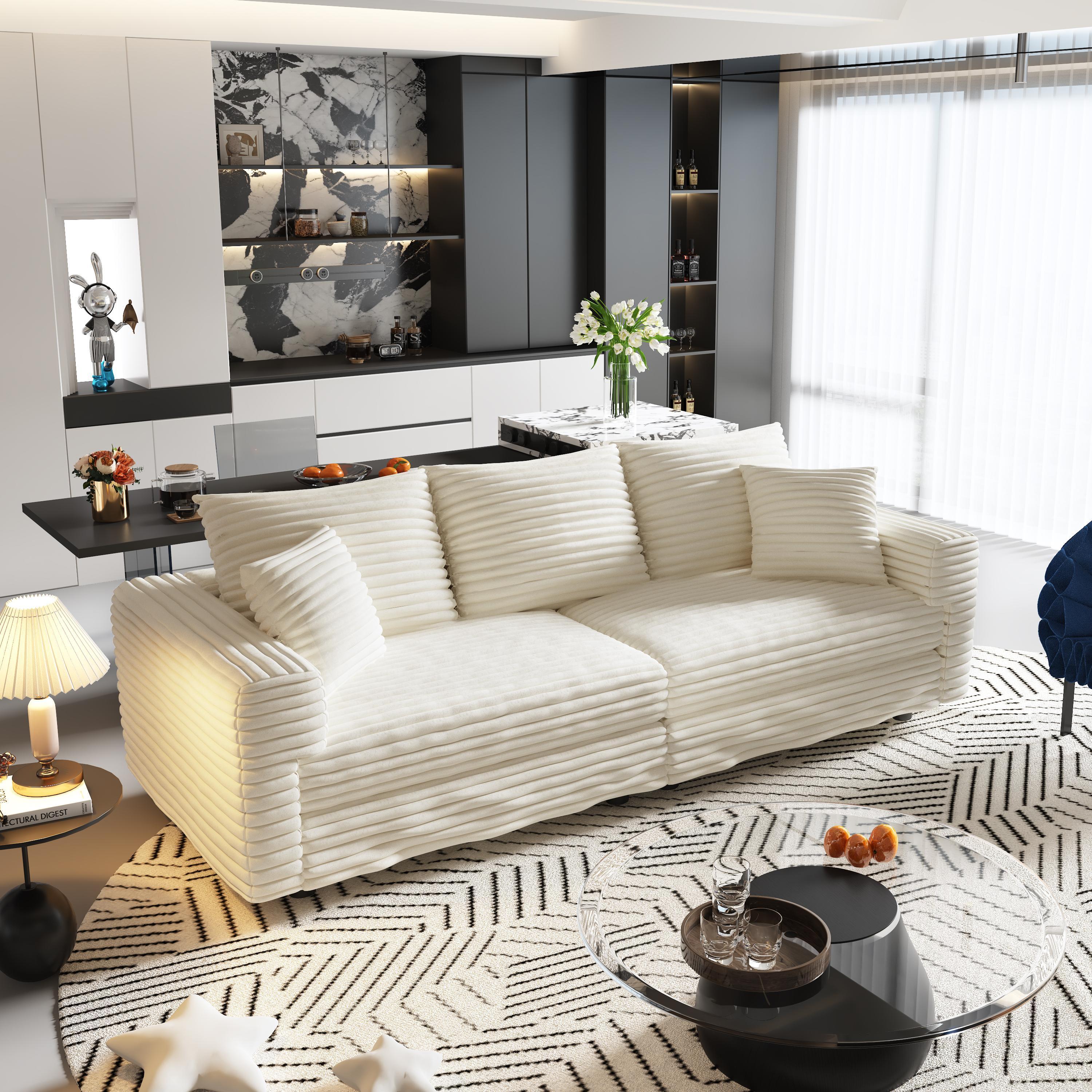 82.7 ' Plush Corduroy 3-Seat Sofa, Modern Comfy Upholstered Sofa Cloud Couch, Deep Seat Couches with Soft Pillows and 2 Ottomans, Convertible Sofa Lounge Chair, for Living Room,Apartment,Office,Beige