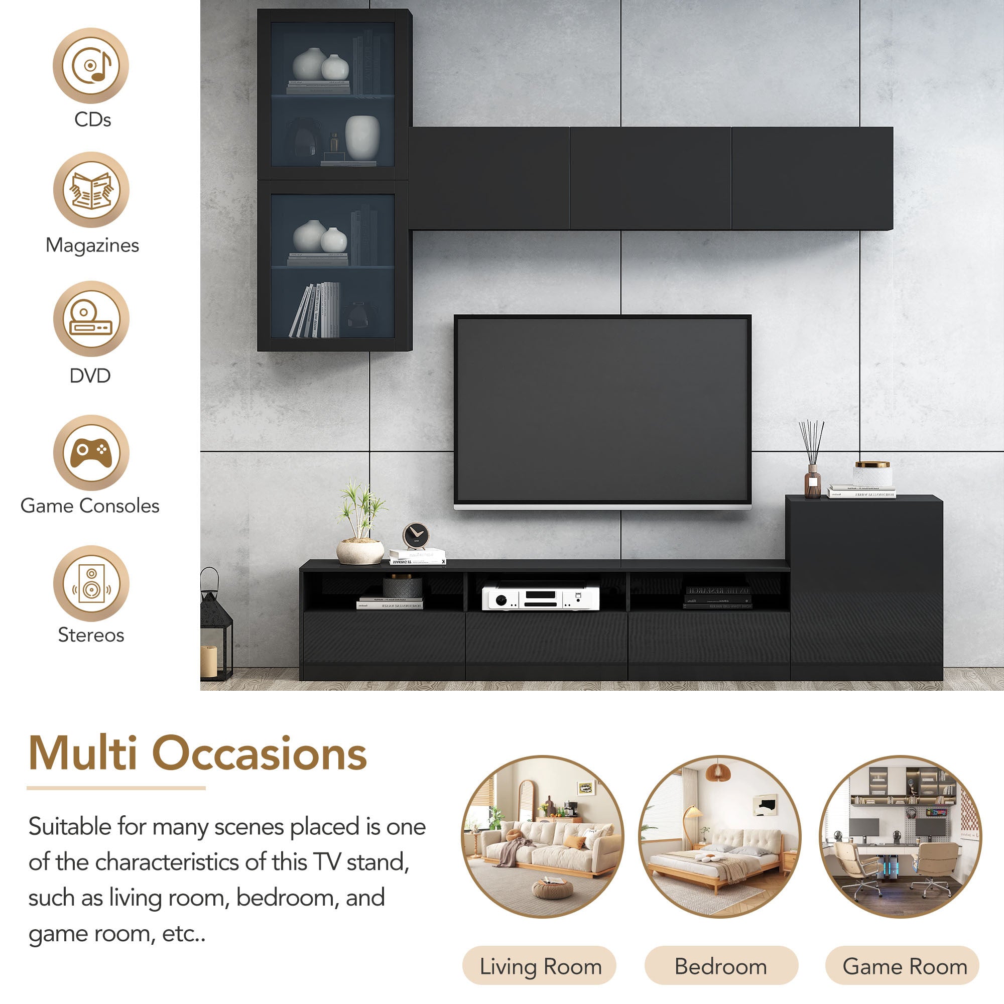 ON-TREND High Gloss TV Stand with Ample Storage Space, Media Console for TVs Up to 78', Versatile Entertainment Center with Wall Mounted Floating Storage Cabinets for Living Room, Black