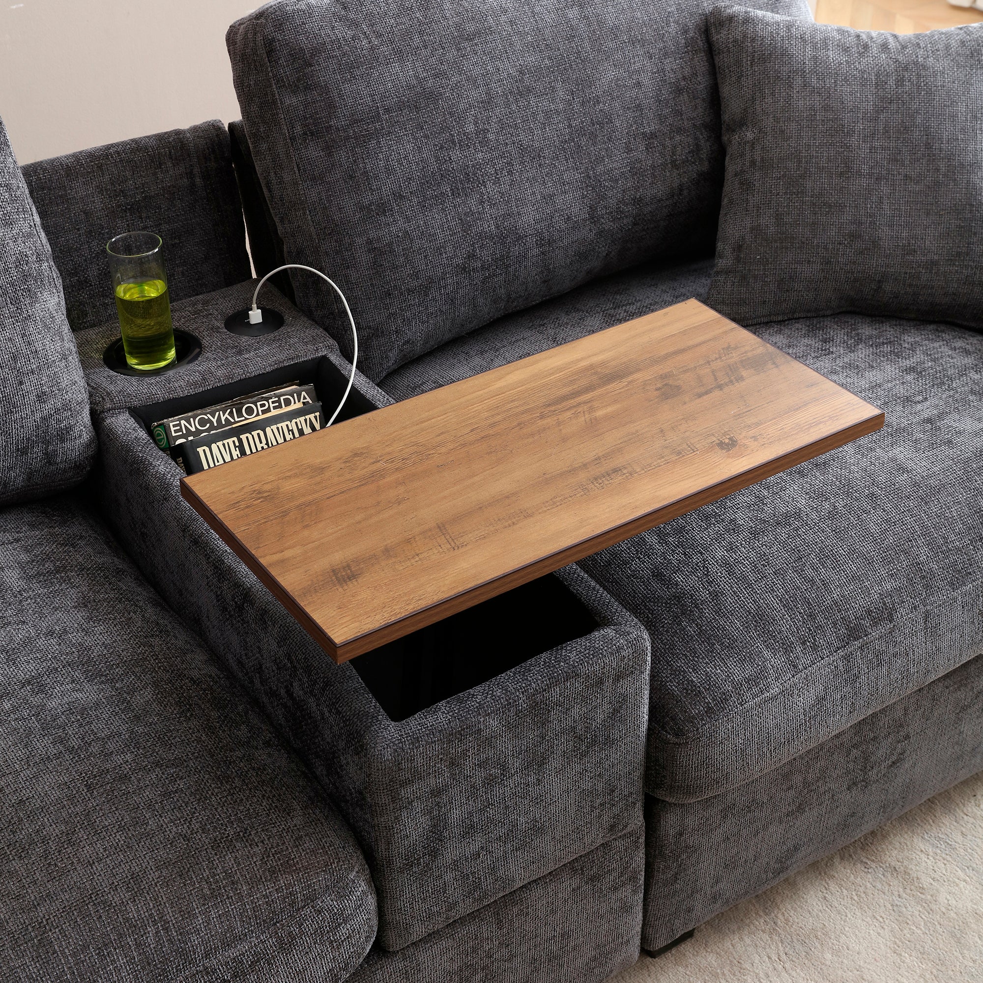120.3'Sectional Sofa ,L-Shaped Oversized Couch ,Comfy Cloud Couch Set with Drop Down Table,360-degree Swivel tray ,Cup Holders,USB Charger,Storage Ottoman and  Armrest,Wide Seat Sofa for Living room