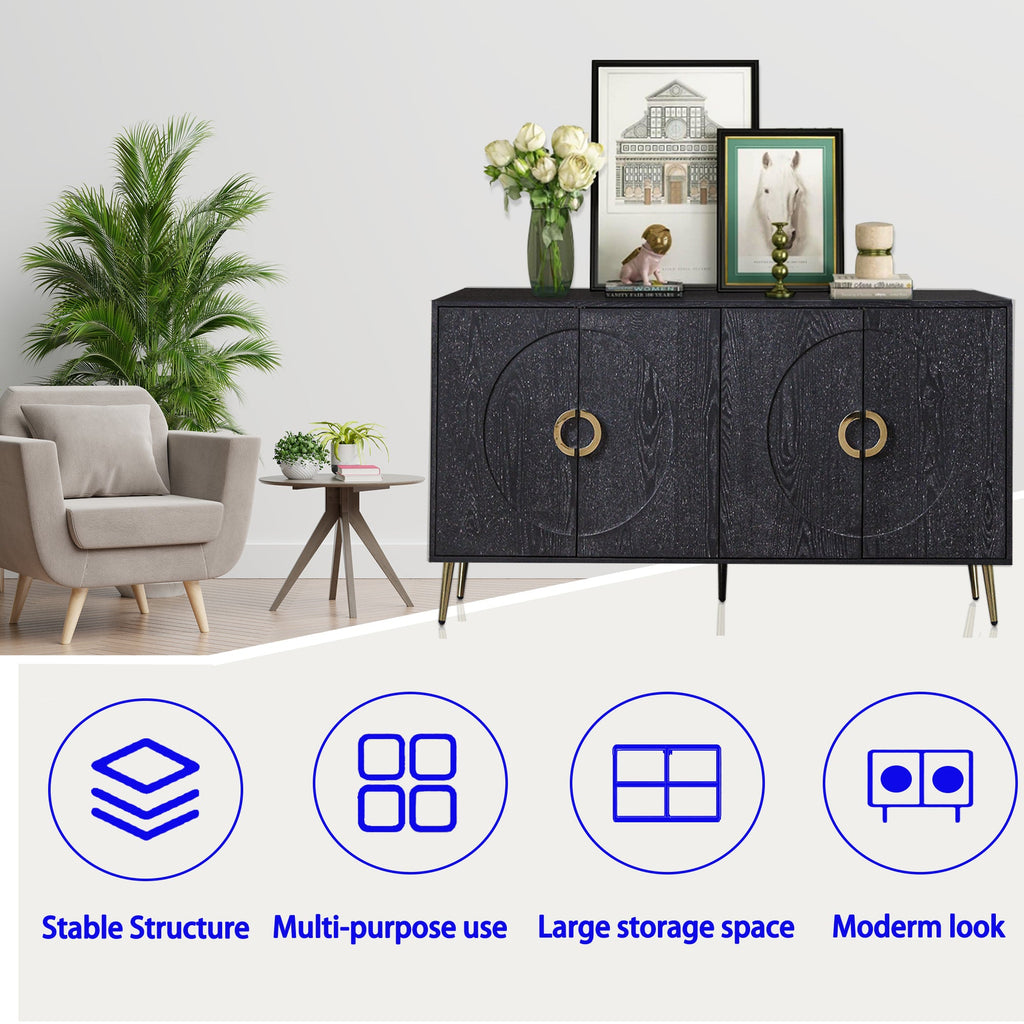 Modern Lacquered 4 Door Wooden Cabinet Sideboard Buffet Server Cabinet Storage Cabinet, for Living Room, Entryway, Hallway, Office, Kitchen and Dining Room, Distressed Black