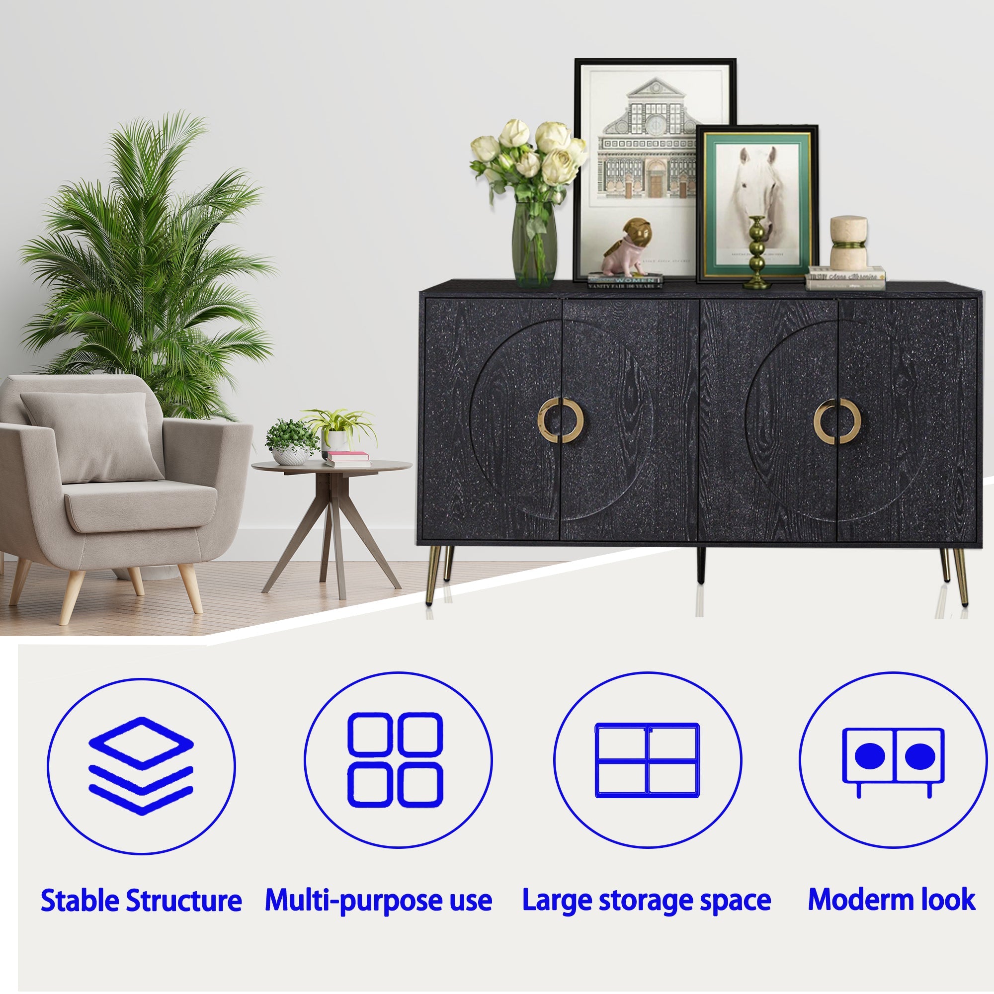 Modern Lacquered 4 Door Wooden Cabinet Sideboard Buffet Server Cabinet Storage Cabinet, for Living Room, Entryway, Hallway, Office, Kitchen and Dining Room, Distressed Black