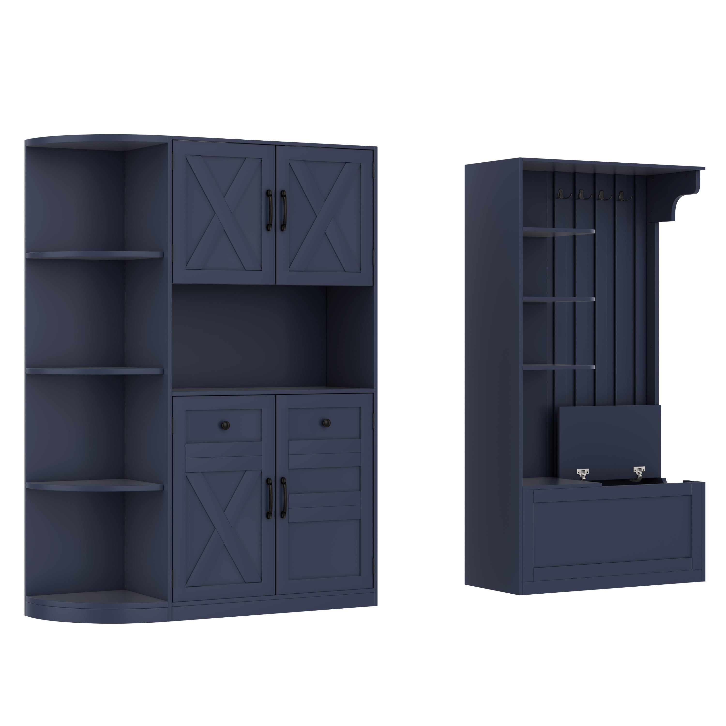 Multifunctional left-right combination hall cabinet (can be used separately) with storage and 4 hooks, storage cabinet/ hall tree 2 in 1 for living room, kitchen and hallway, antique blue