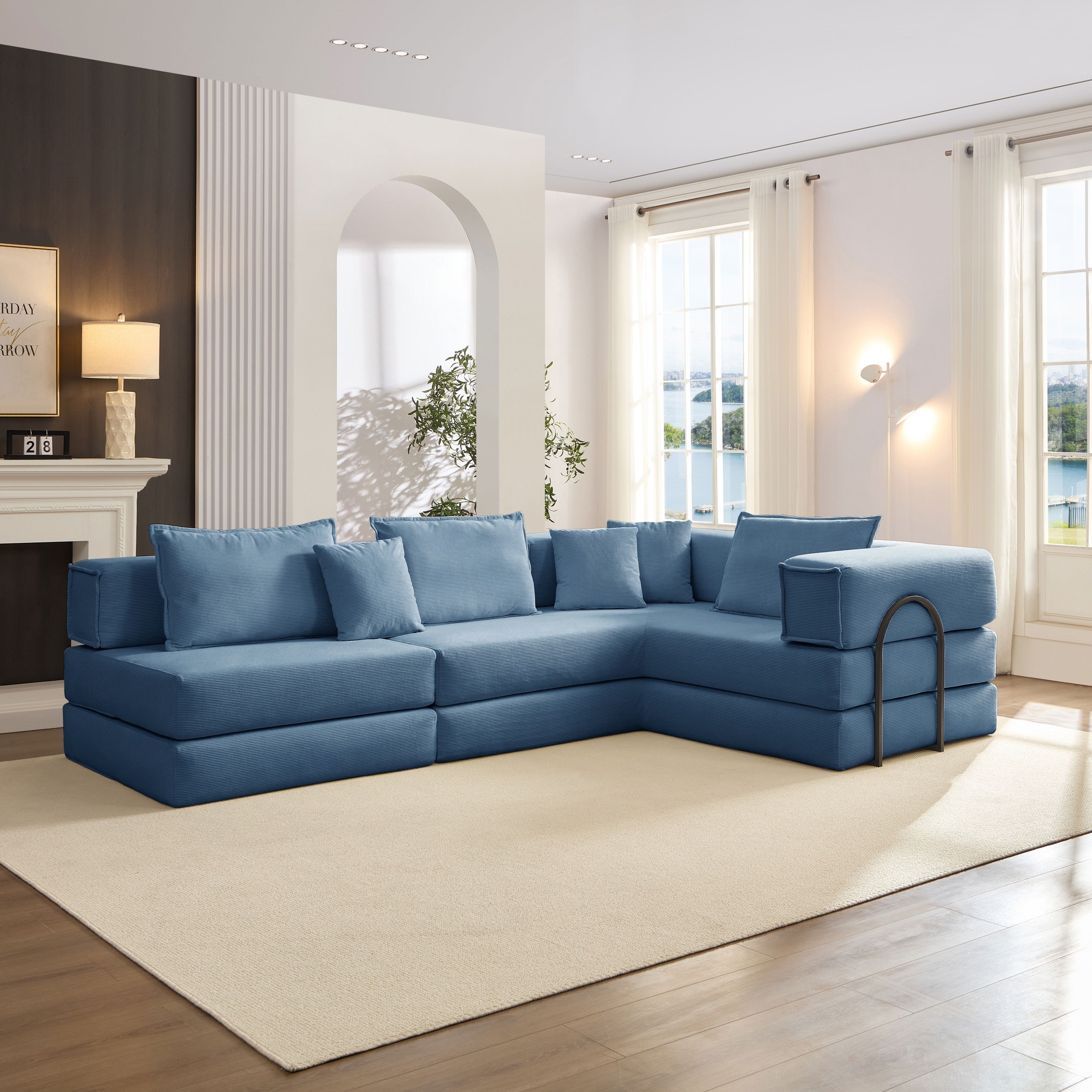 Oversized Upholstered Sectional Sofa Couch Set, Modular 118.2 ' L Shaped Floor Living Room Sofa Set With 6 Pillows, DIY Combination Sofa Couch for living rooms, apartments,bedrooms, Blue