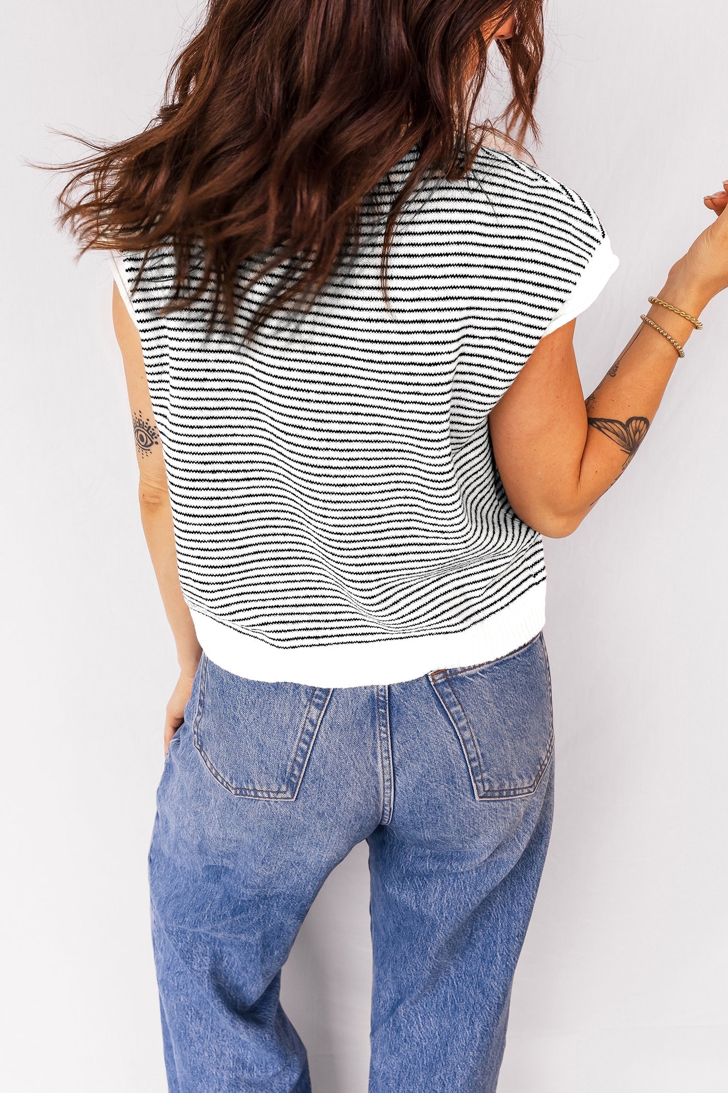 Stripe Contrast Trim Cap Sleeve Button-Up Cardigan