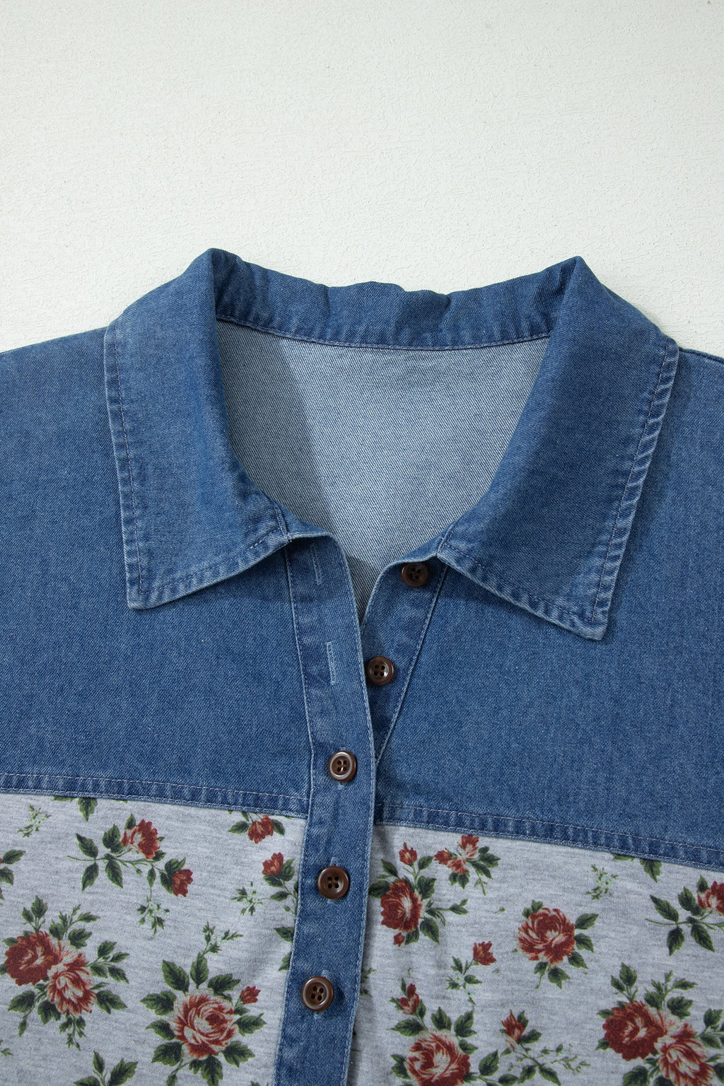 Plus Size Floral Denim Patchwork Polo Tee