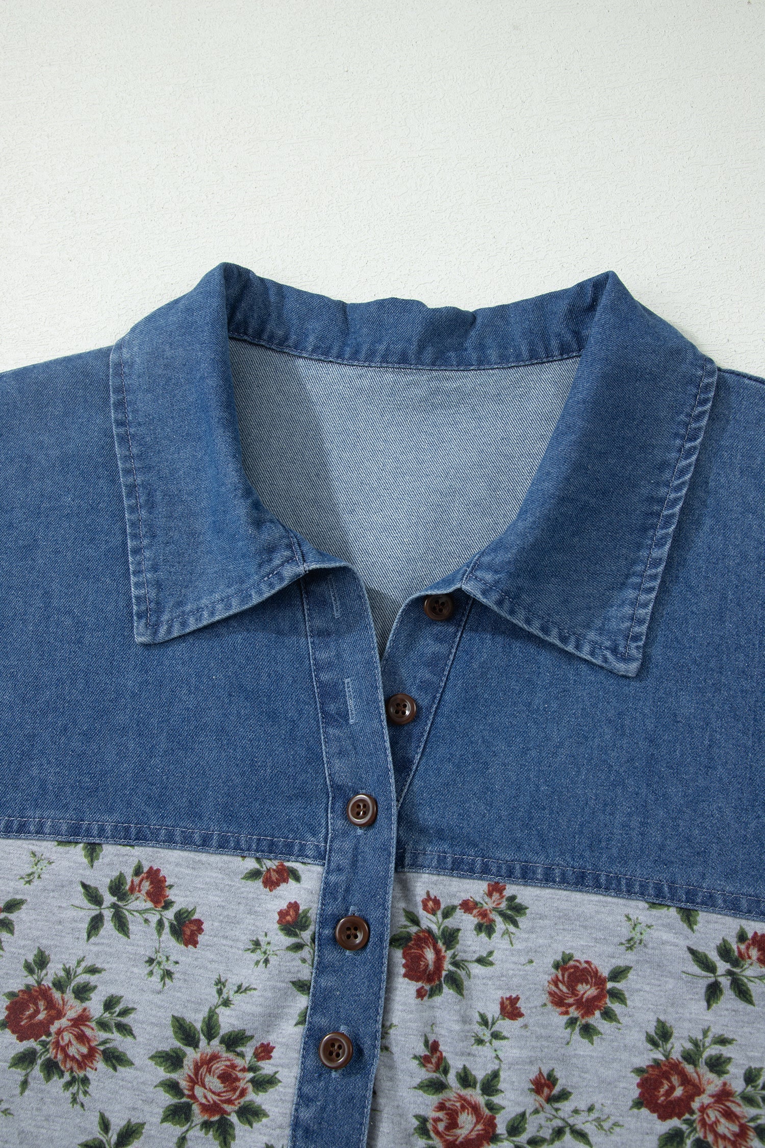 Plus Size Floral Denim Patchwork Polo Tee