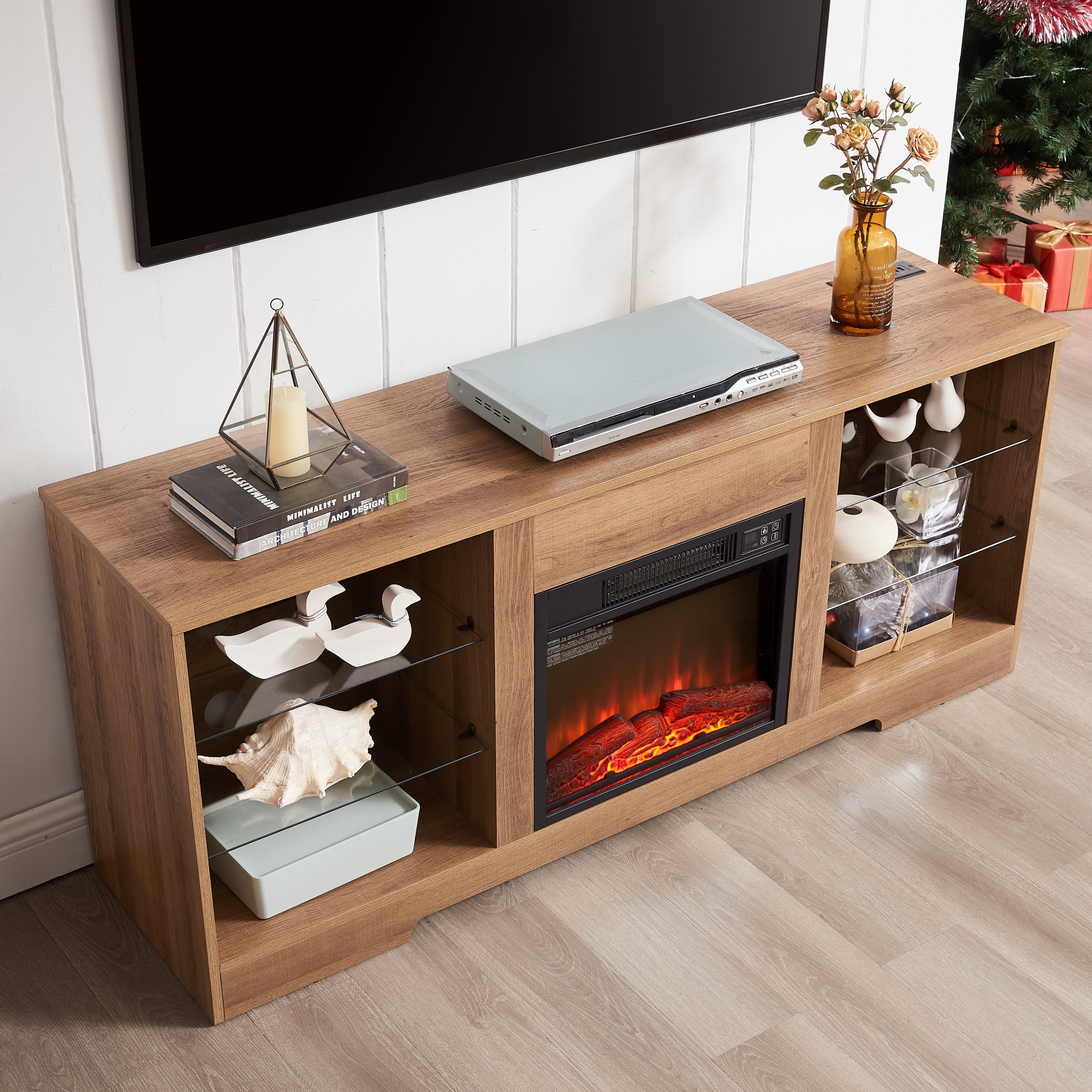 TV Stand Electric Fireplace  Glass Shelves, 3D Fireplace TV Stand with LED Lights Wood with USB Charging Outlet Modern Television Table Center for TV up to 62' OAK 58''W*15.5''D*24.4