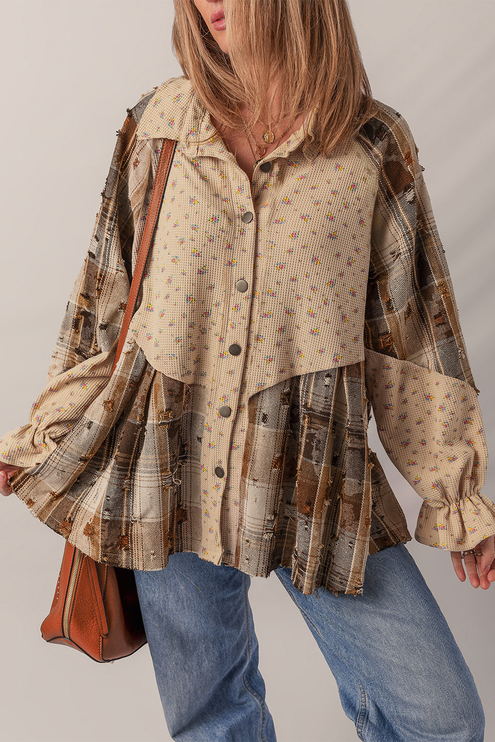 Floral Plaid Patchwork Ruffle Waffle Knit Shacket