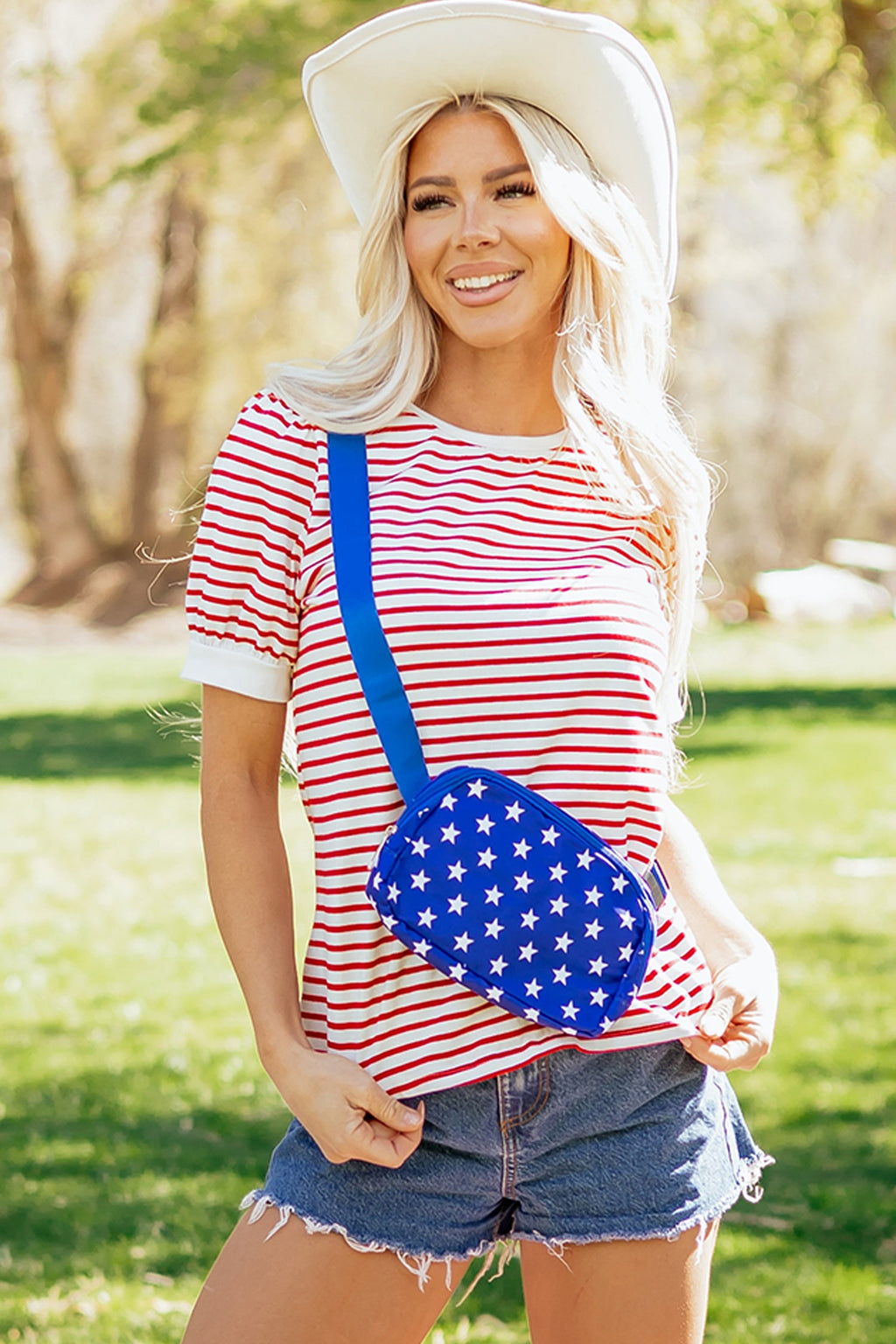 Stripe Contrast Trim Round Neck Puff Sleeve T-Shirt