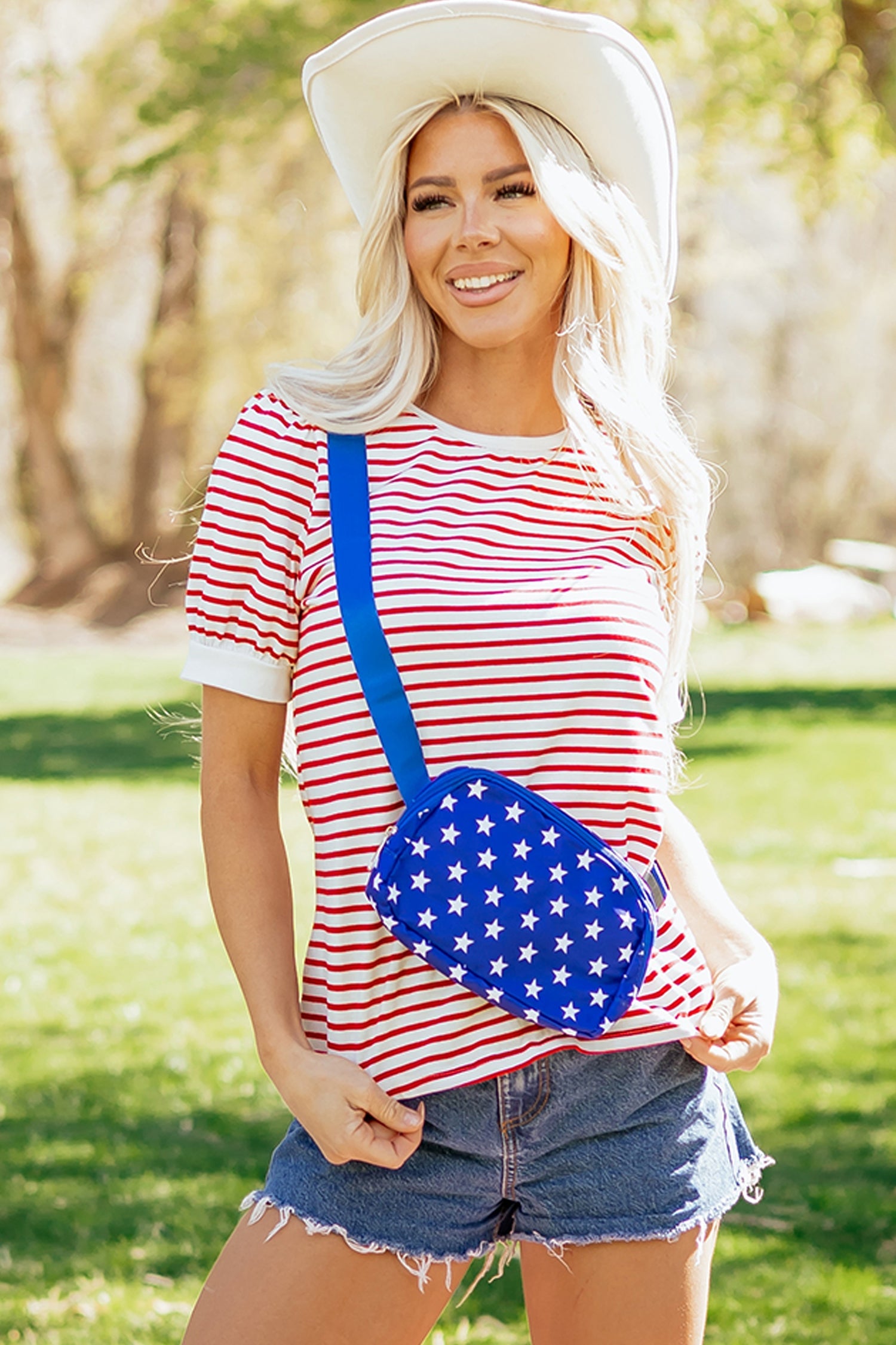 Stripe Contrast Trim Round Neck Puff Sleeve T-Shirt