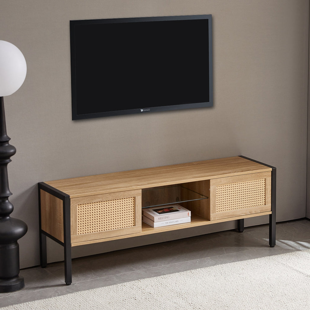 Natural Rattan TV Cabinet with Color Light Strip, Double Sliding Doors, Adjustable Shelf, Metal Legs, 54.33 Inches