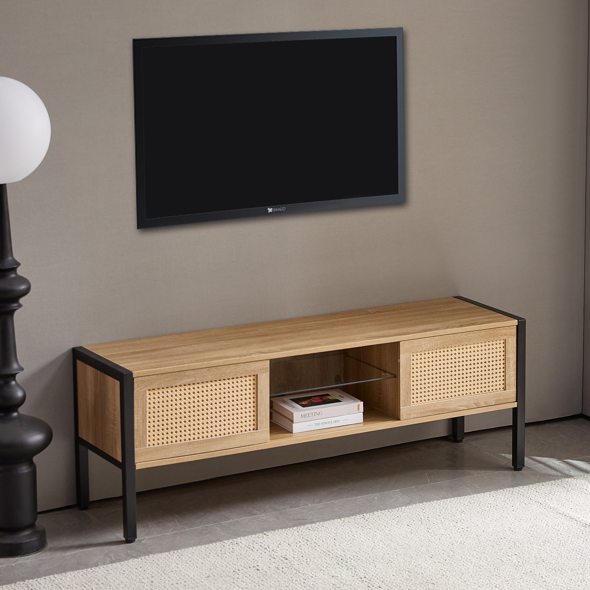 Natural Rattan TV Cabinet with Color Light Strip, Double Sliding Doors, Adjustable Shelf, Metal Legs, 54.33 Inches