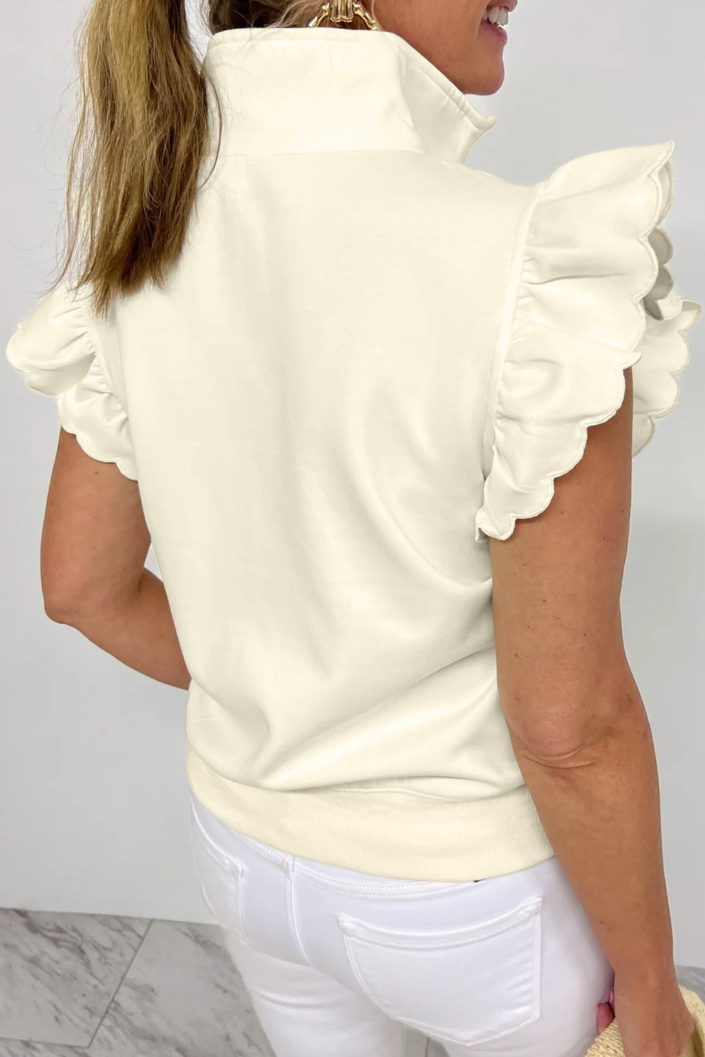 Solid Zip-Up Collared Ruffle Short Sleeve Blouse
