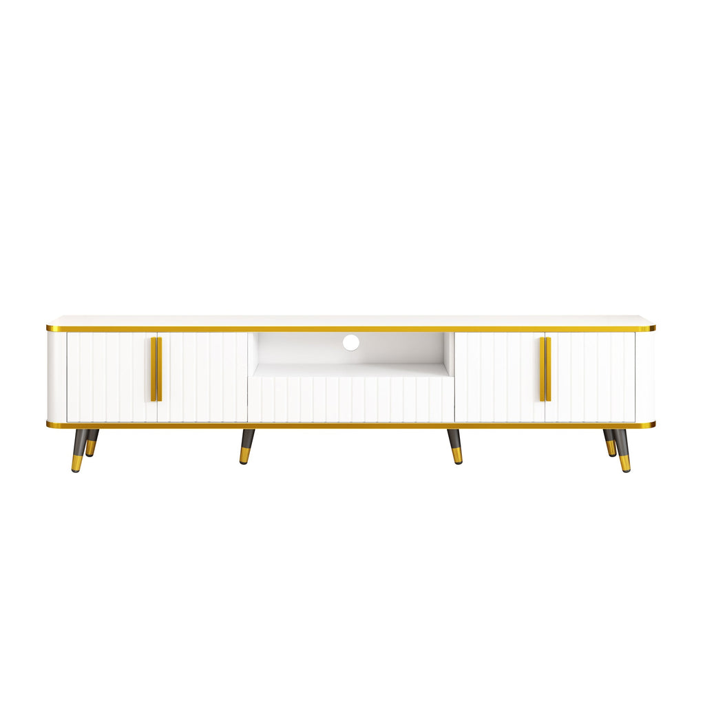 ON-TREND Luxury Minimalism TV Stand with Open Storage Shelf for TVs Up to 85', Entertainment Center with Cabinets and Drawers, Practical Media Console with Unique Legs for Living Room, White