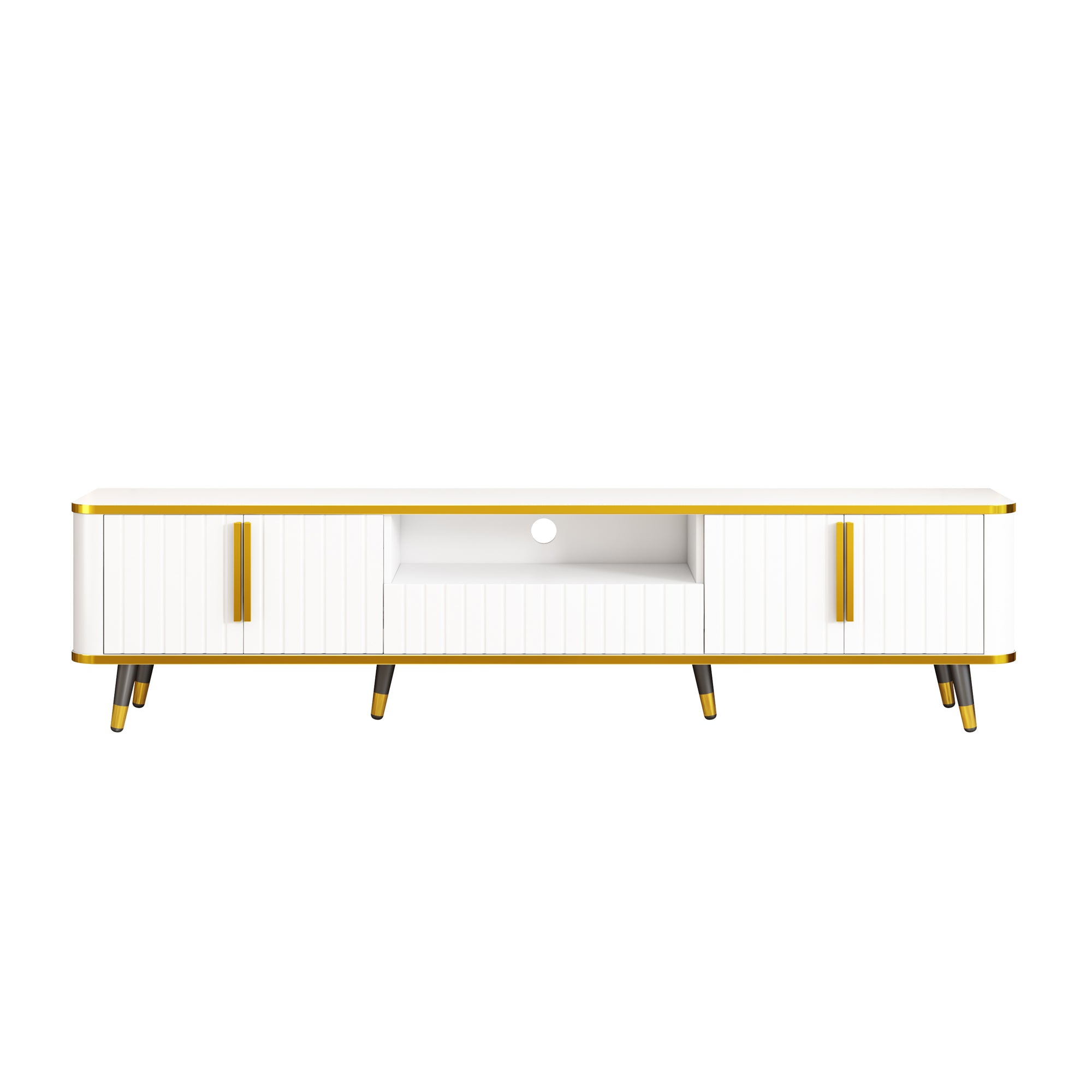 ON-TREND Luxury Minimalism TV Stand with Open Storage Shelf for TVs Up to 85', Entertainment Center with Cabinets and Drawers, Practical Media Console with Unique Legs for Living Room, White