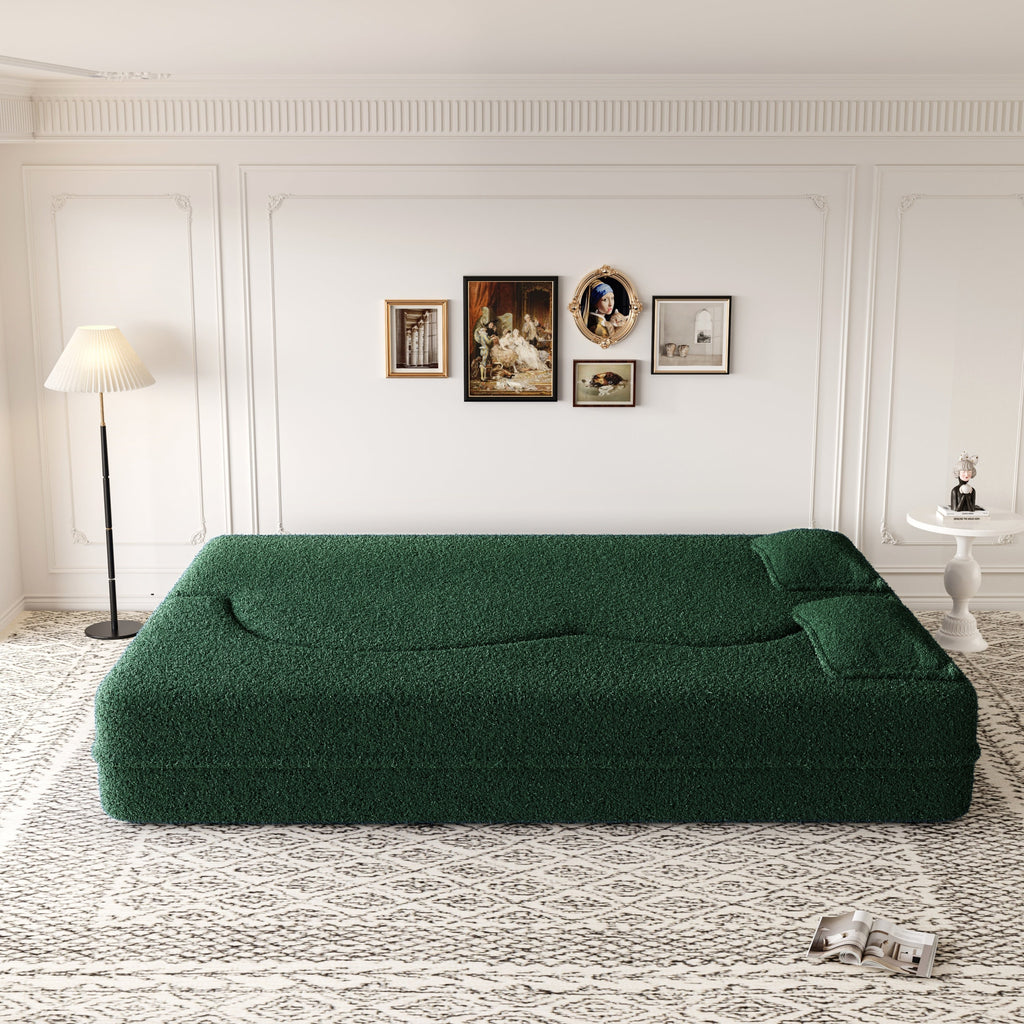 Modern Floor Sofa with 2 Pillows,Convertible Teddy Fabric Foam Filled Sleeper Sofa Bed,15 ' Full Size Folding Mattress for Living Room,Guest Bed,Playroom,no assembly required,Green