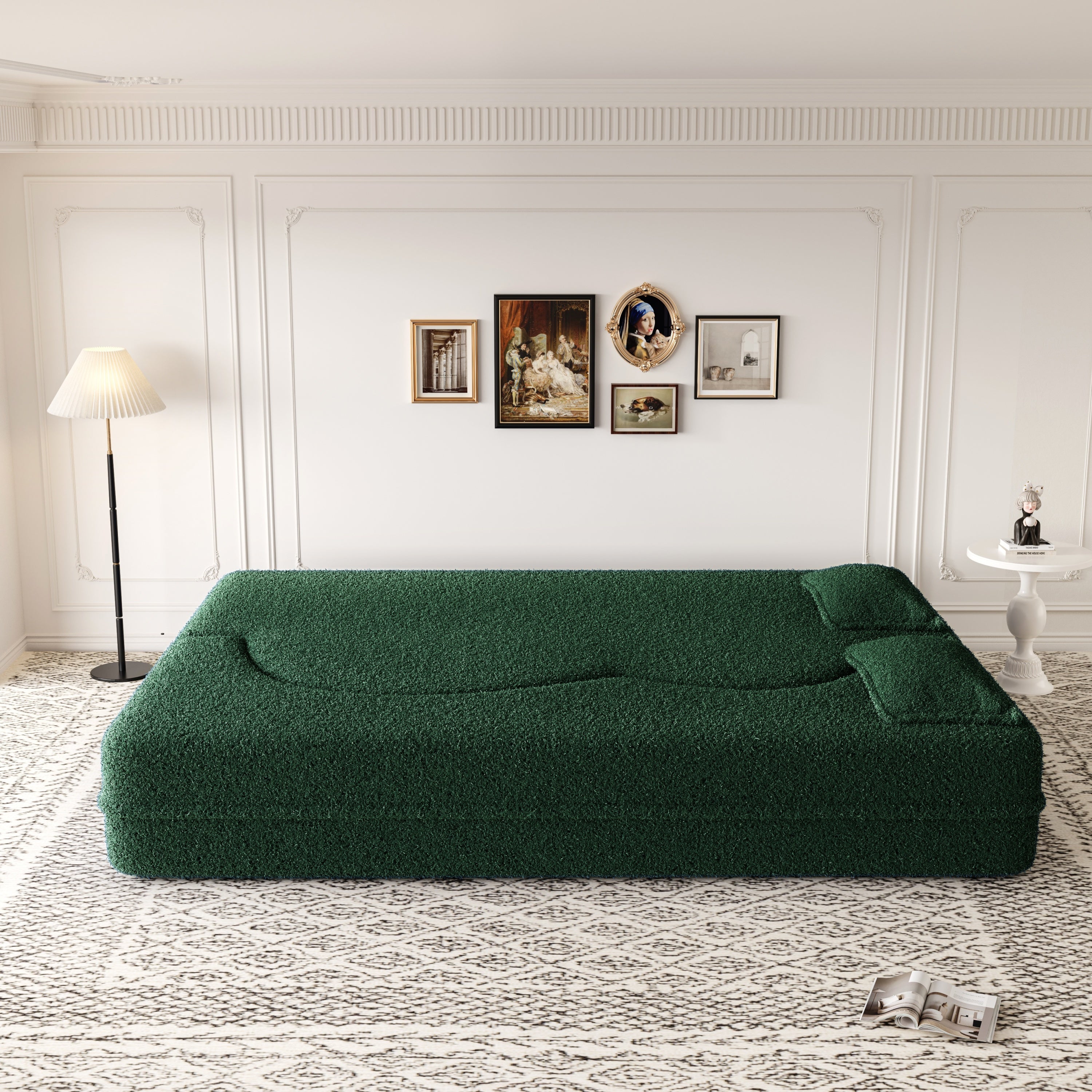 Modern Floor Sofa with 2 Pillows,Convertible Teddy Fabric Foam Filled Sleeper Sofa Bed,15 ' Full Size Folding Mattress for Living Room,Guest Bed,Playroom,no assembly required,Green