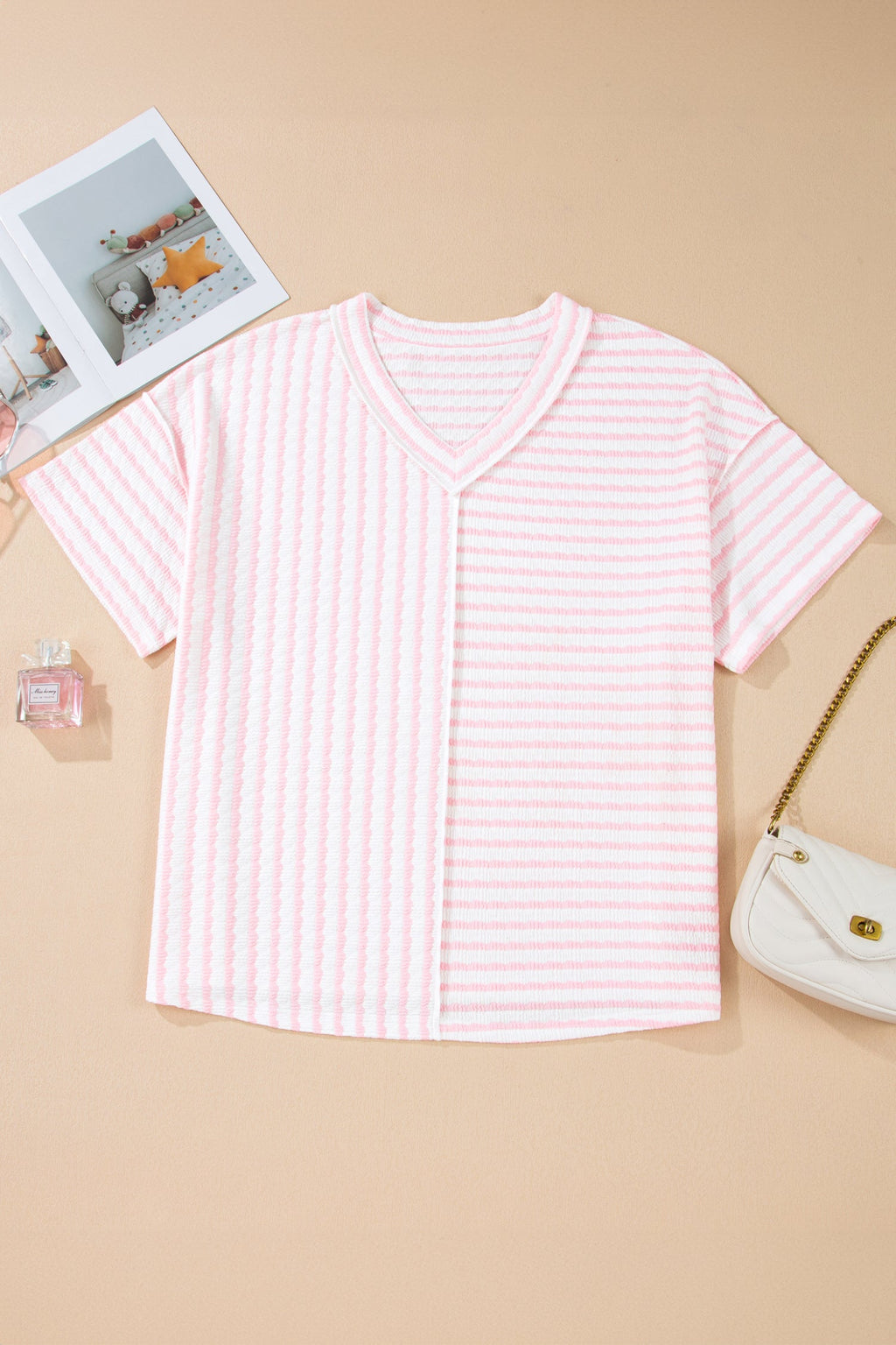 Plus Size Stripe V-Neck Patchwork T-shirt