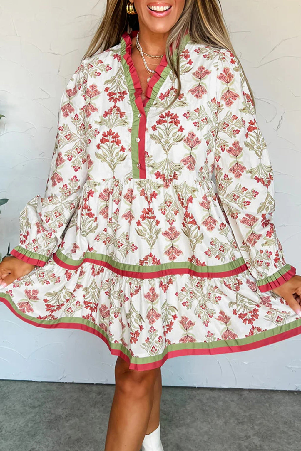 Floral Contrast Trim Frilled Neck Dress