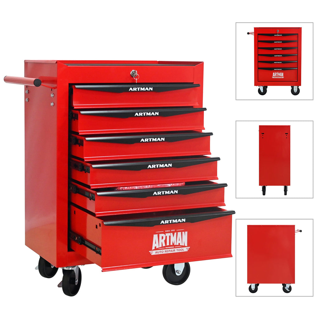 Rolling Metal Tool Chest with 6 Drawers, 20' Steel Storage Cabinet with Ball Bearing Slides, Red and Black Finish