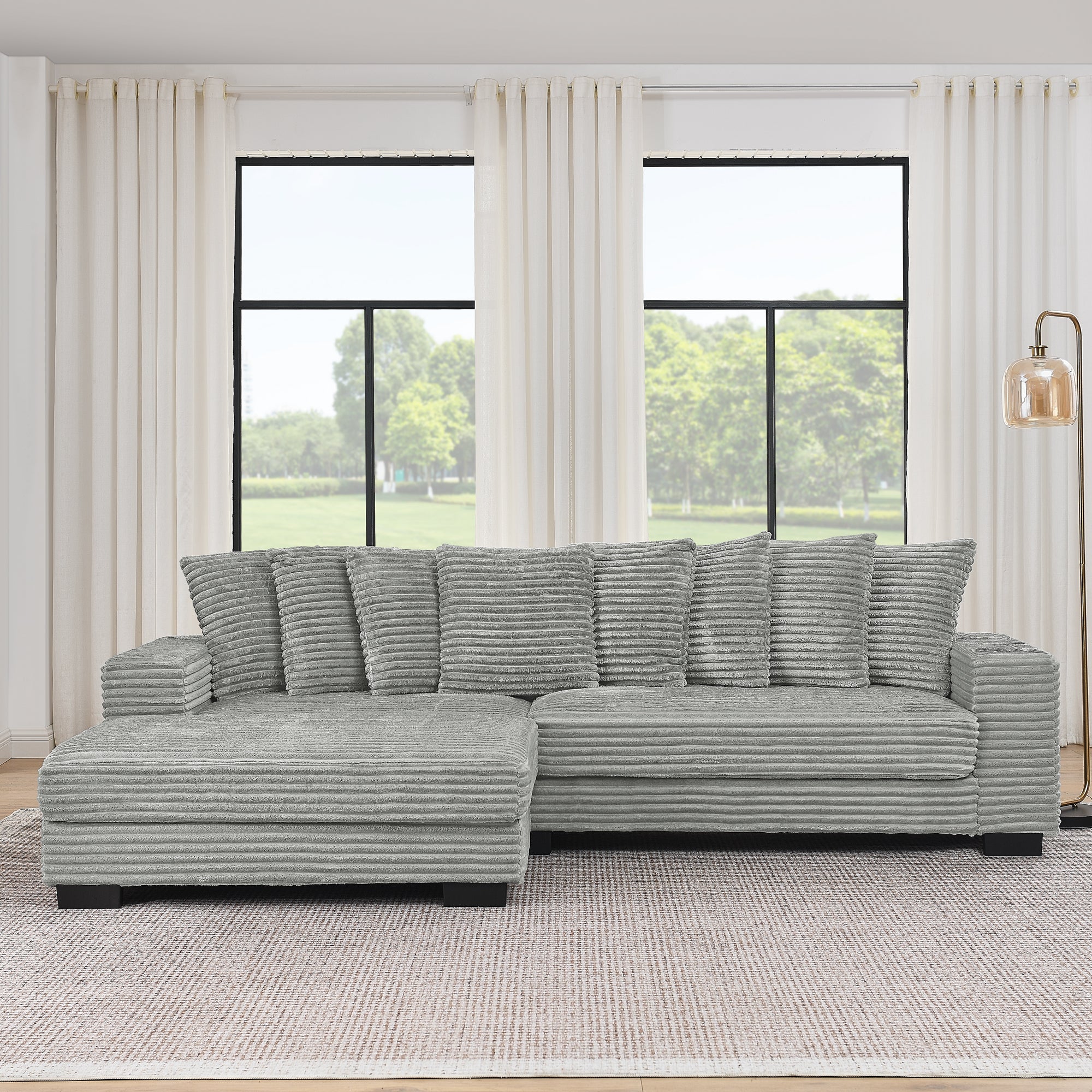 Corduroy Tufted Upholstered Sleeper Sectional Sofa, L-Shaped Modular Convertible Sofa , Can freely change the position of the footrests-Gray(Assembly is required)