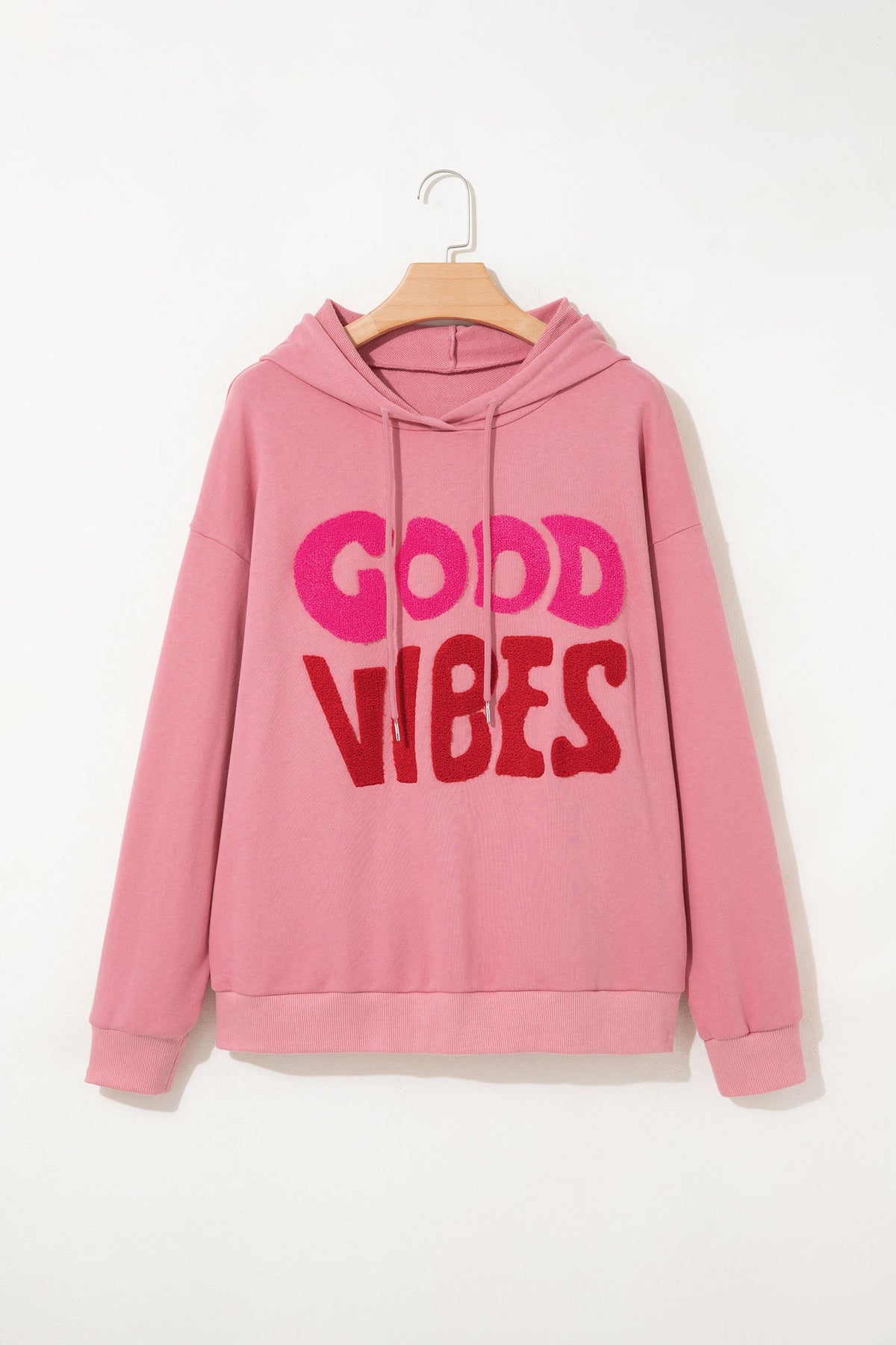 GOOD VIBES Textured Letter Print Drawstring Hoodie
