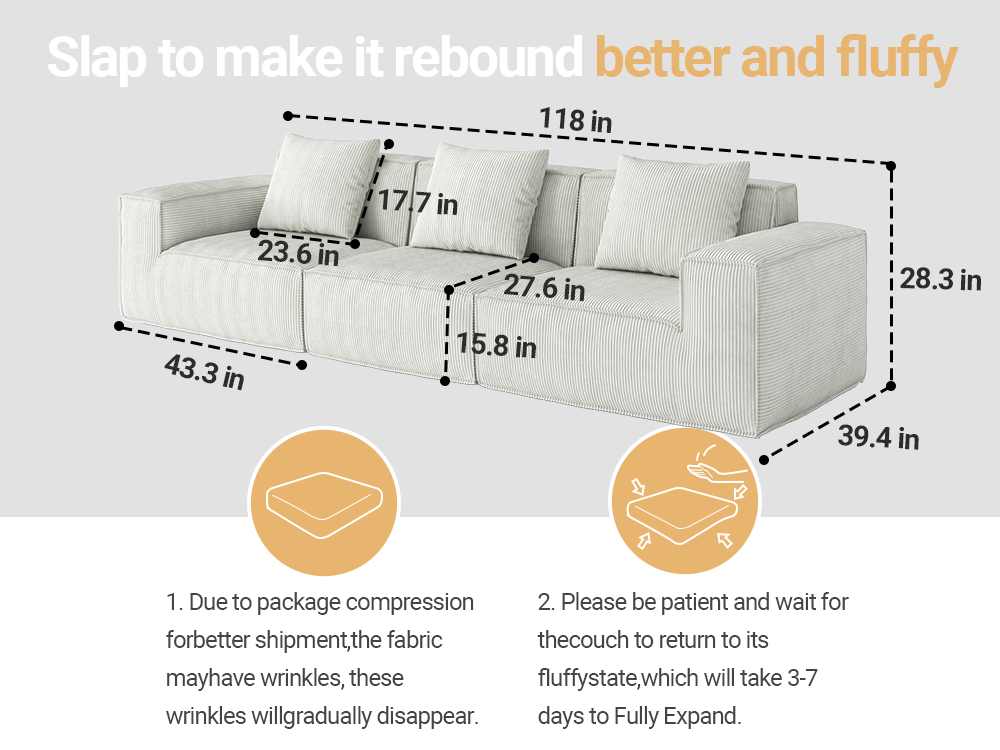 118-inch modular sofa can be converted into an oversized sofa bed  Free conversion sofa set flexible configuration, soft corduroy cloud velvet fabric Three-person combination white
