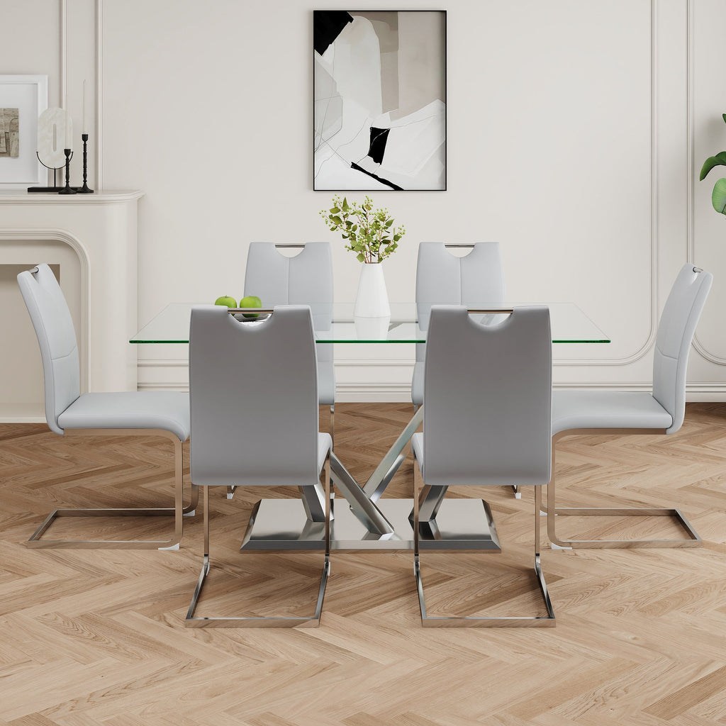 Modern style glass dining table, elegant transparent design, sturdy stainless steel base, Light gray dining chairs set, electroplated chair legs, suitable for dining room and kitchen (set of 7)