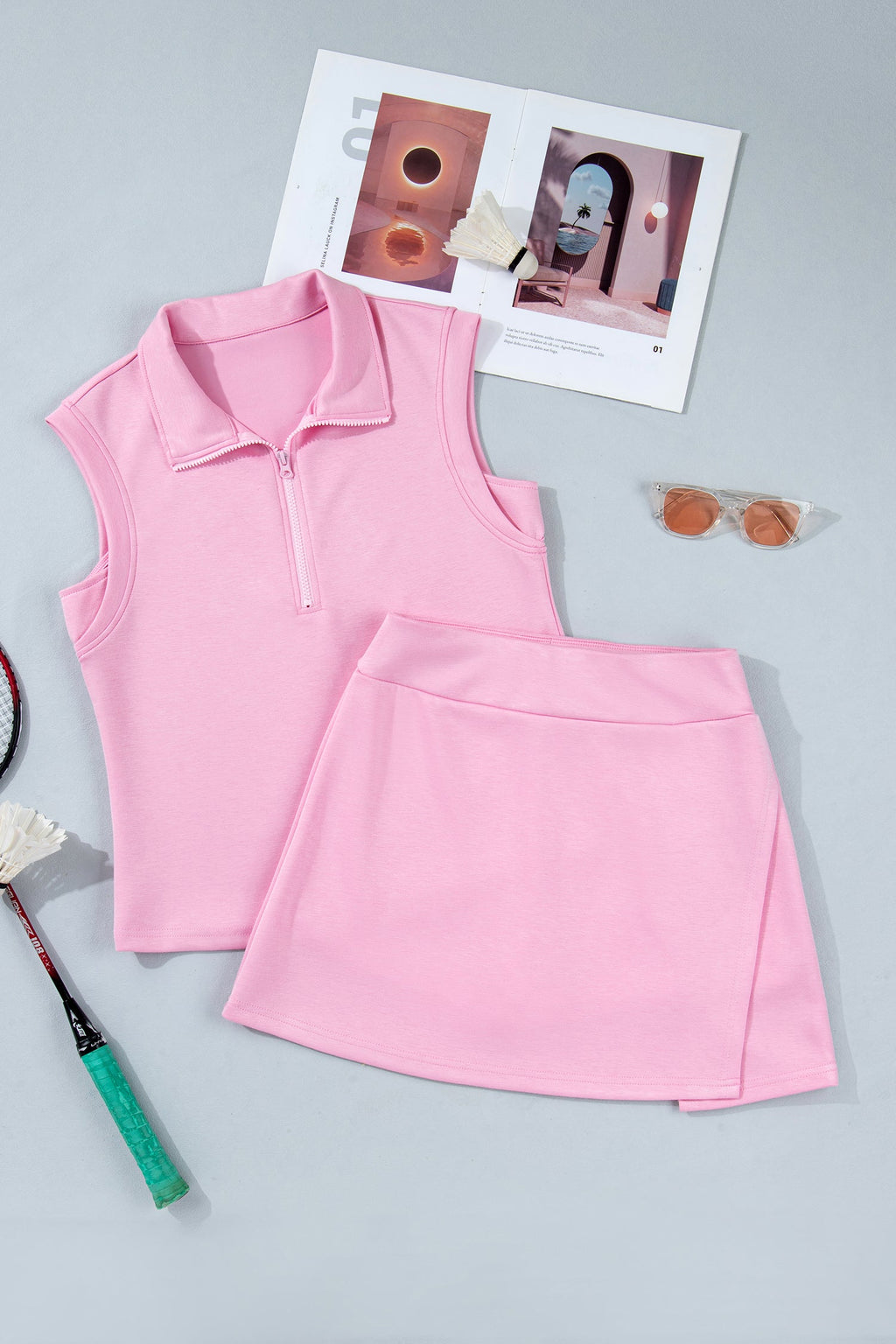 Solid Sleeveless Zipped Tank & Skort Set