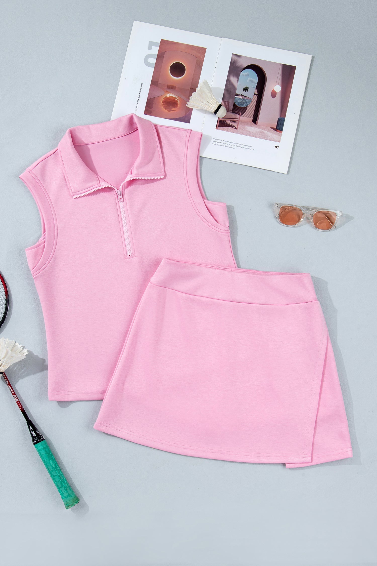 Solid Sleeveless Zipped Tank & Skort Set