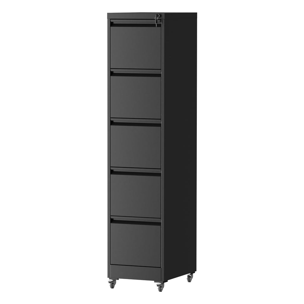 Heavy Duty Black Metal 5 Drawer Vertical File Cabinet with Lock and Wheels for Home Office