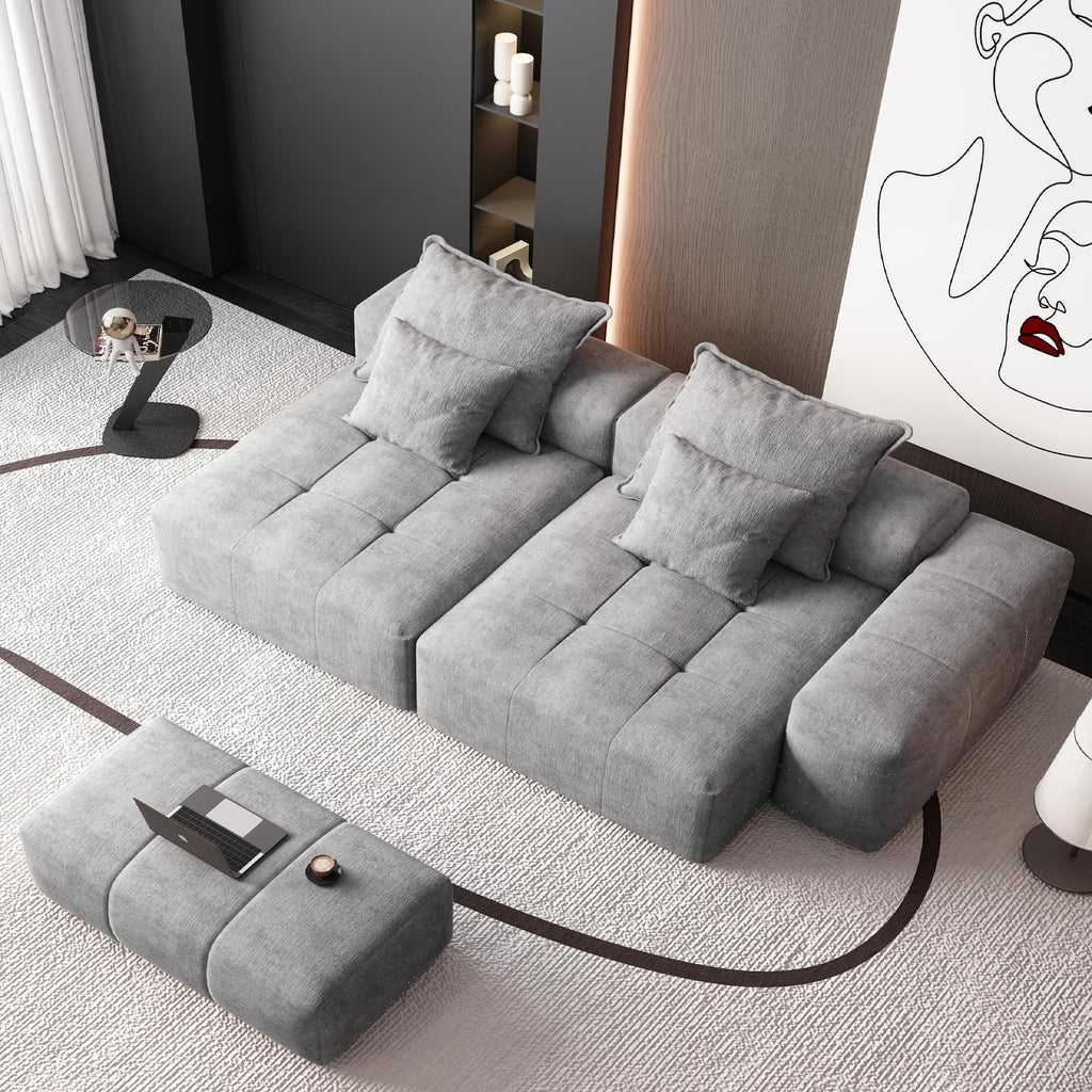 Modern Oversized Modular Sectional Sofa with 2 Chaise Lounge and 2 Armrest, Sparkling Chenille Fabric Soft Cushion Sofa with 4 Pillows, 4 PCS DIY Combination Tufted Sofa, No Assembly Required, GREY