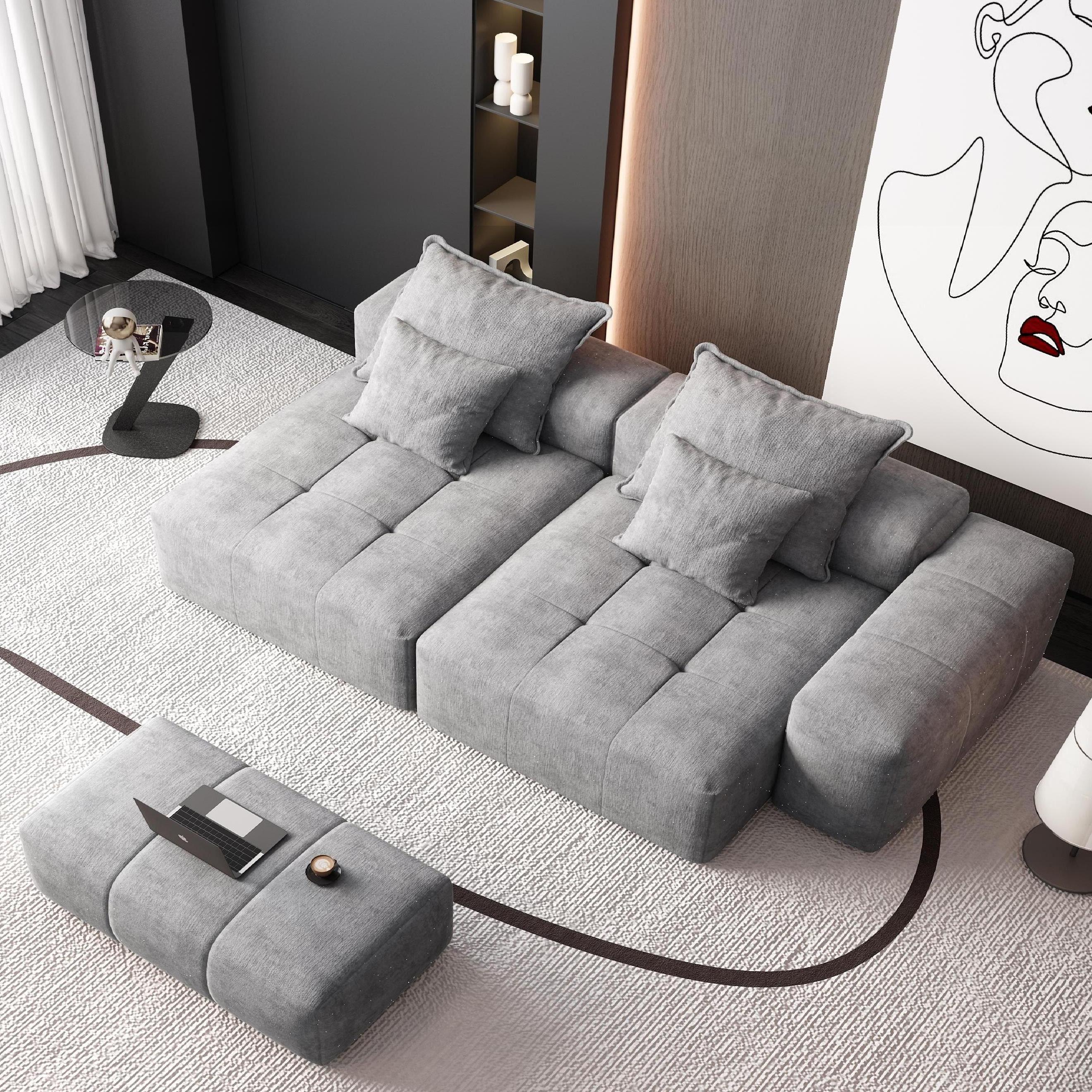 Modern Oversized Modular Sectional Sofa with 2 Chaise Lounge and 2 Armrest, Sparkling Chenille Fabric Soft Cushion Sofa with 4 Pillows, 4 PCS DIY Combination Tufted Sofa, No Assembly Required, GREY
