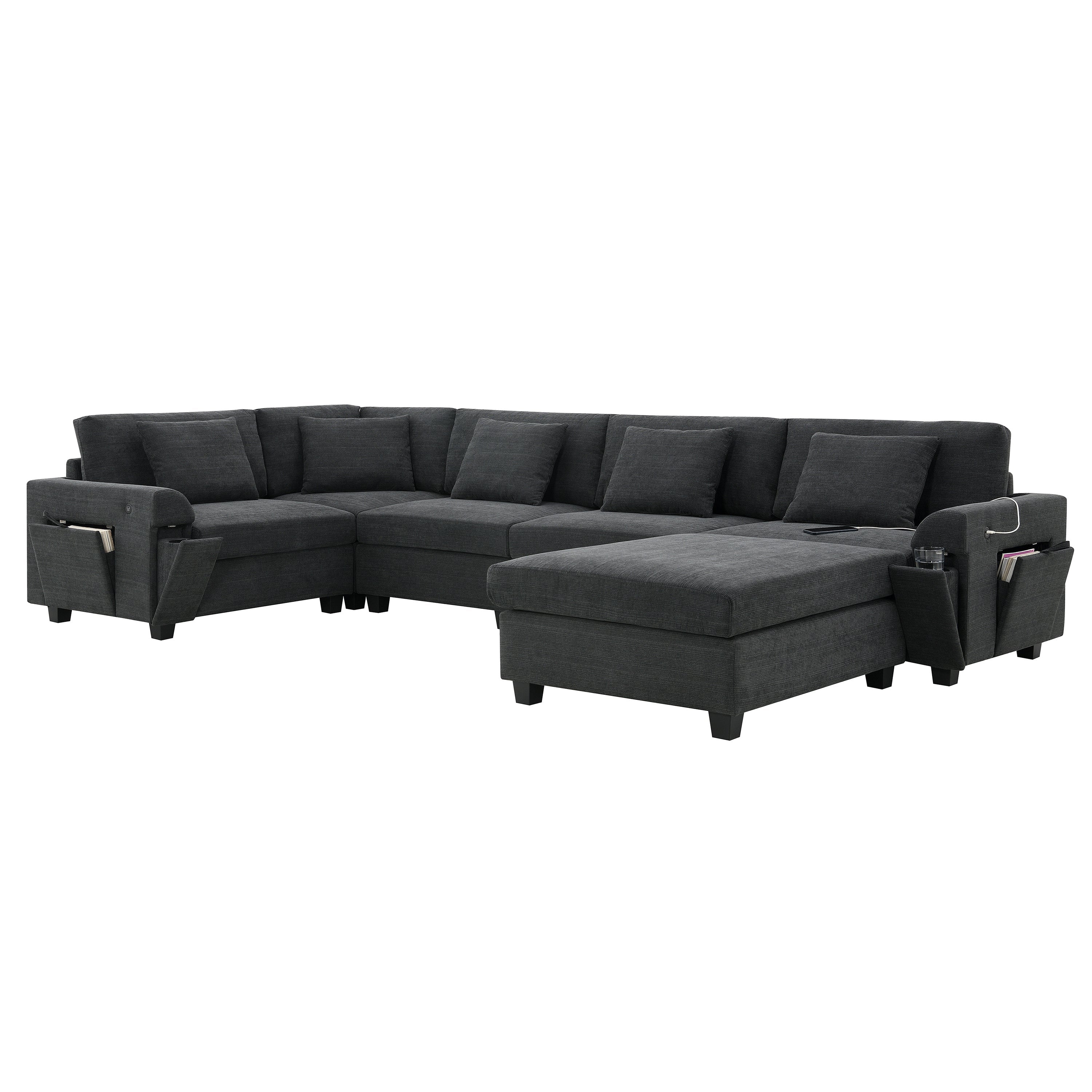 Chenille U Shaped Sectional Sofa with Ottoman and Storage, USB Ports, 2 Colors