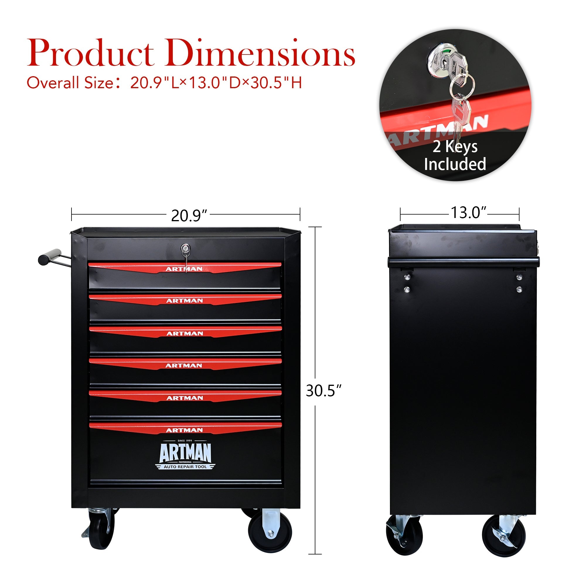 Rolling Metal Tool Chest with 6 Drawers, 20' Steel Storage Cabinet with Ball Bearing Slides, Black and Red Finish