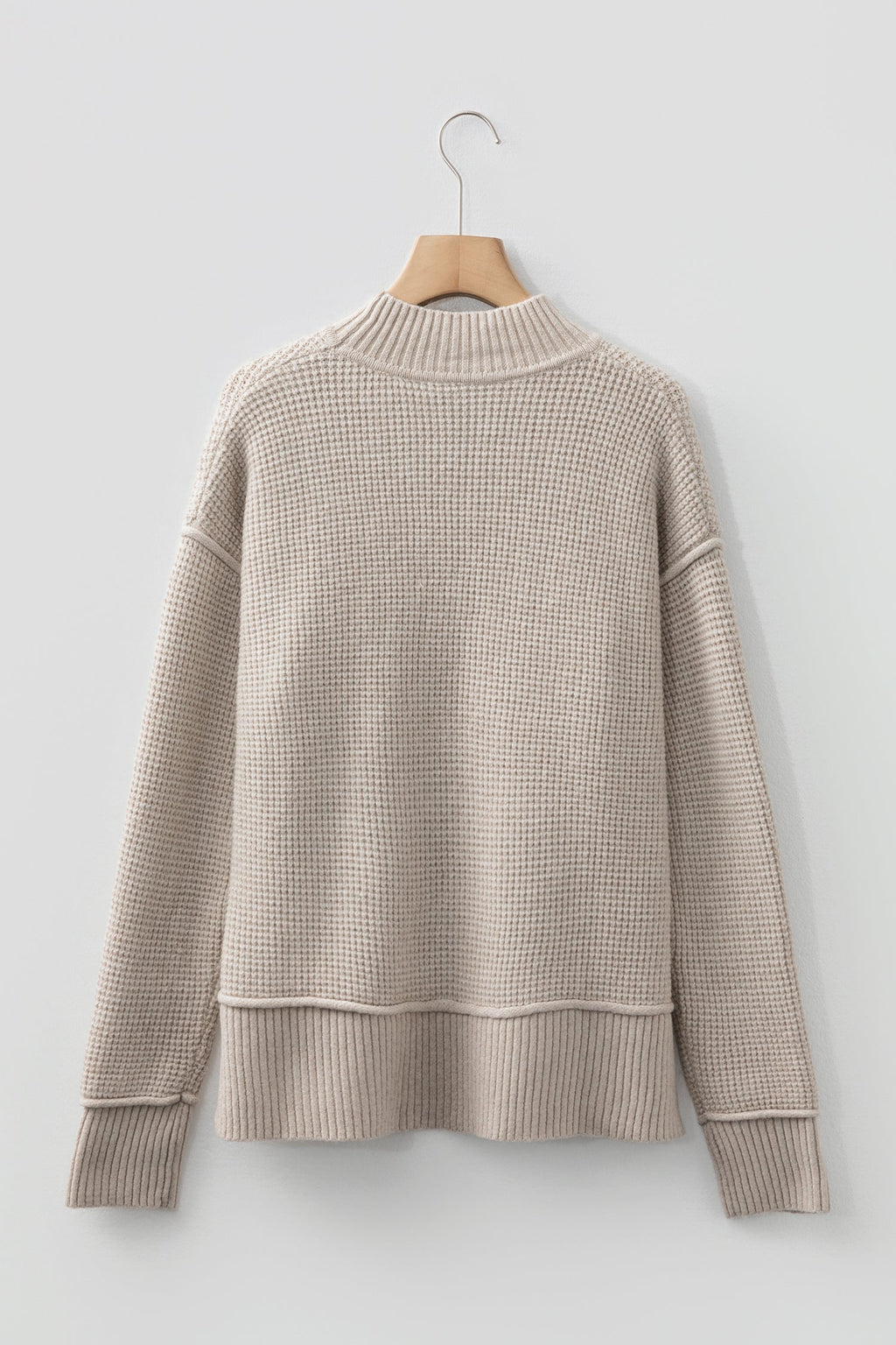 Waffle Knit Ribbed High Neck Drop Shoulder Sweater