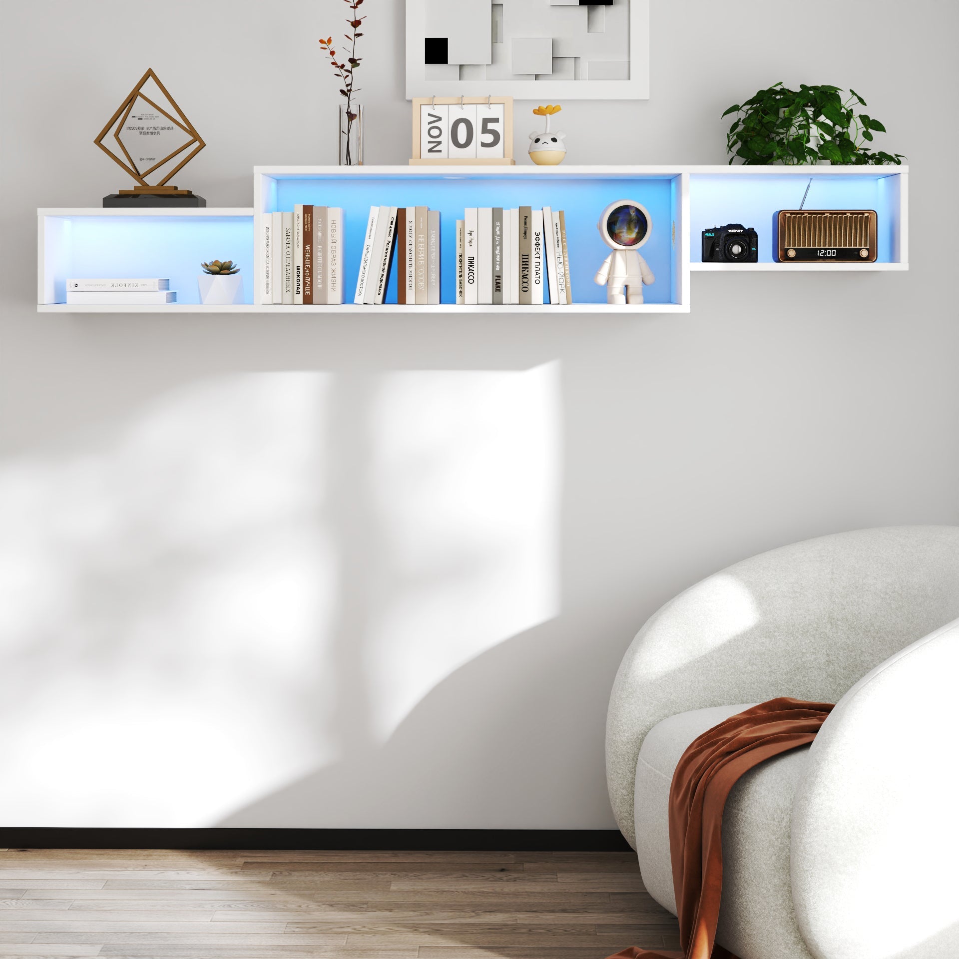 65.35in Wall Mounted Floating  TV Stand with 20 Color LEDs and Charging Station