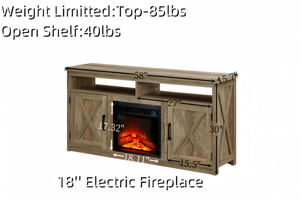 Farmhouse TV Media Stand, Large Barn Inspired Home Entertainment Console, with 18' Fireplace Insert, for TV Up to 65'', with Open Shelves and Closed Cabinets, Gray Wash 57.87*15.75*30.31