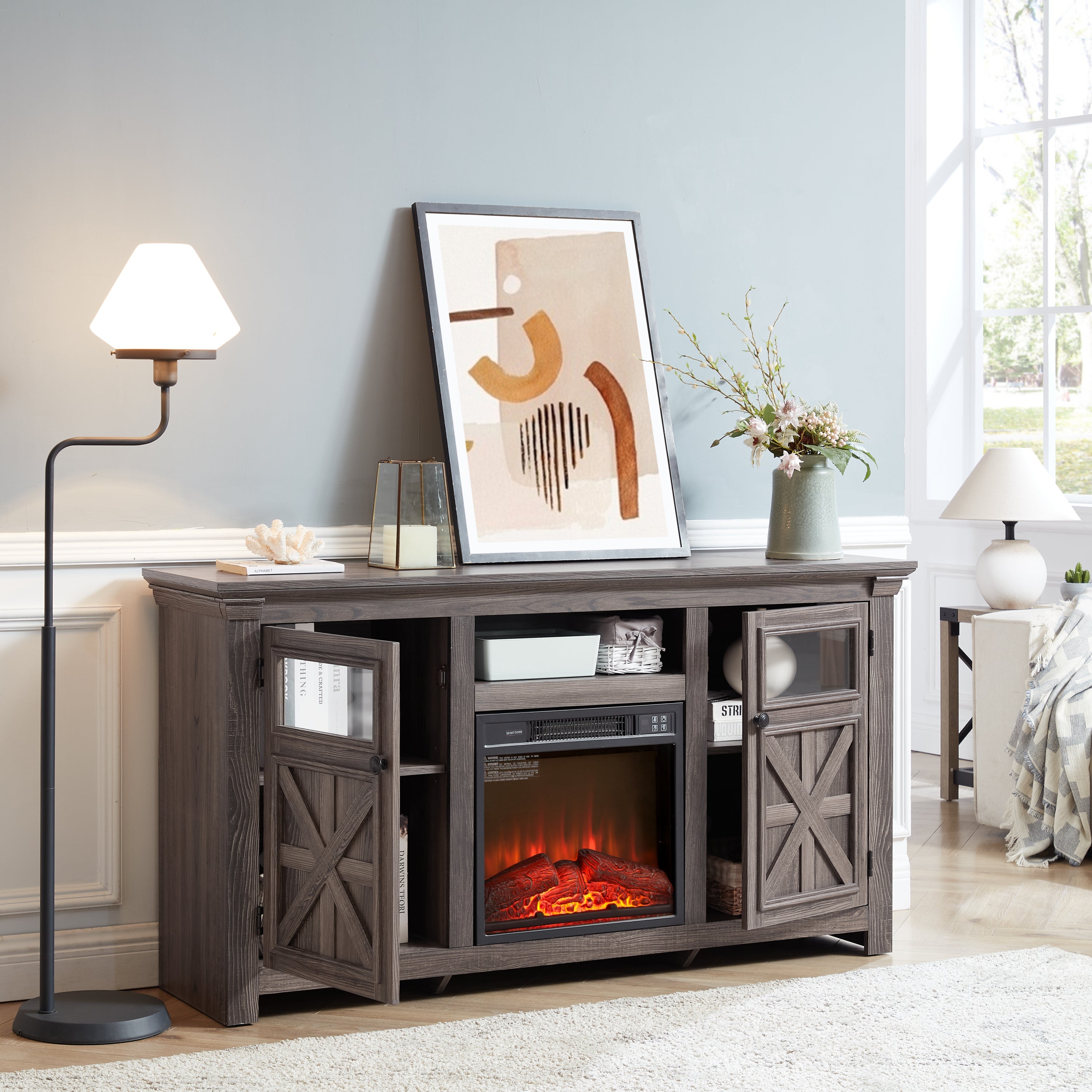 2 Doors Cabinet Farmhouse  Cabinet, Farmhouse TV Stand Barn Design,Farmhouse TV Media Stand, Large Barn Inspired Home Entertainment Console with 18' fireplace insert,GREY, 60.23'W*15.35'D*31.7'H