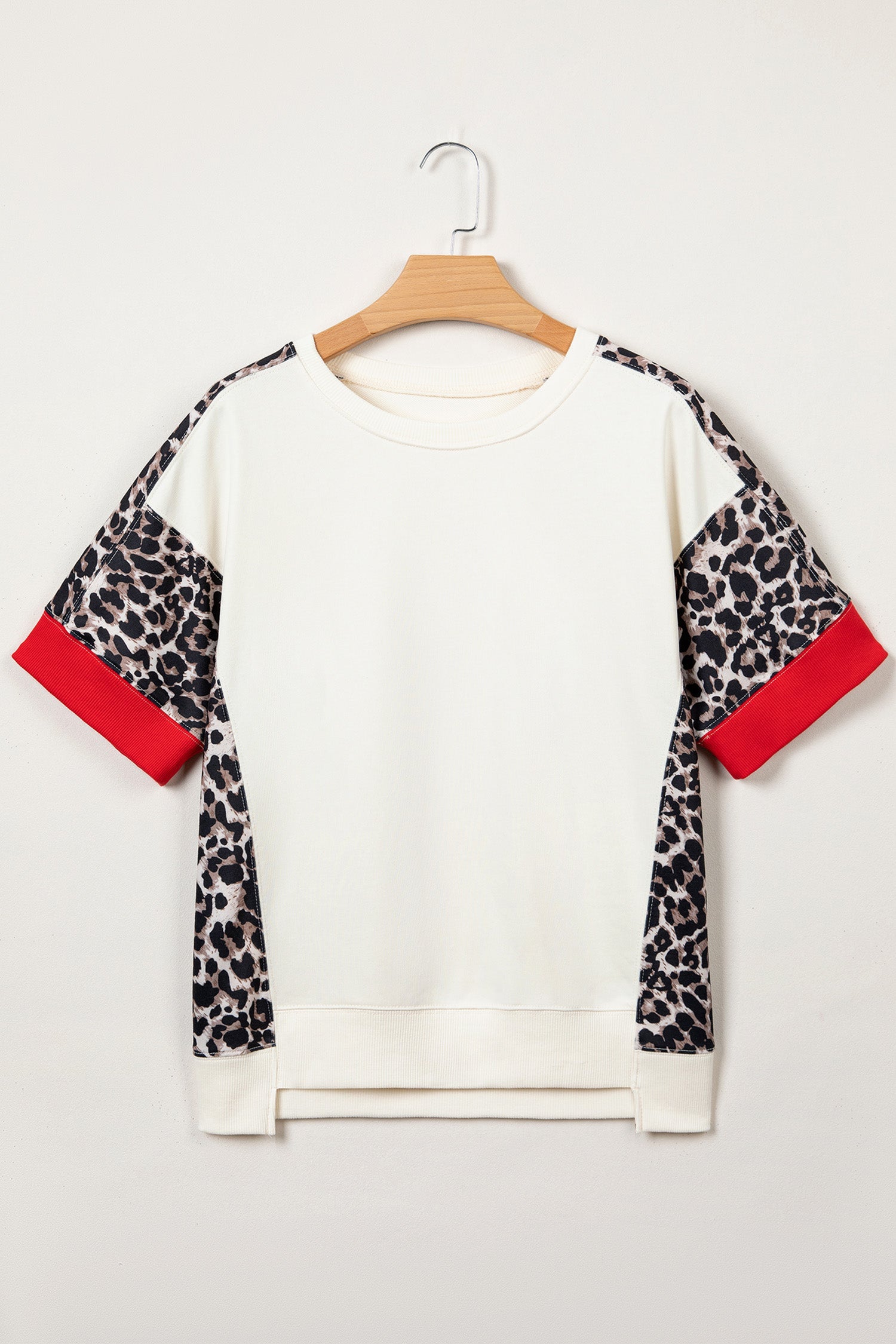Leopard Patchwork Uneven Hem Short Sleeve Top