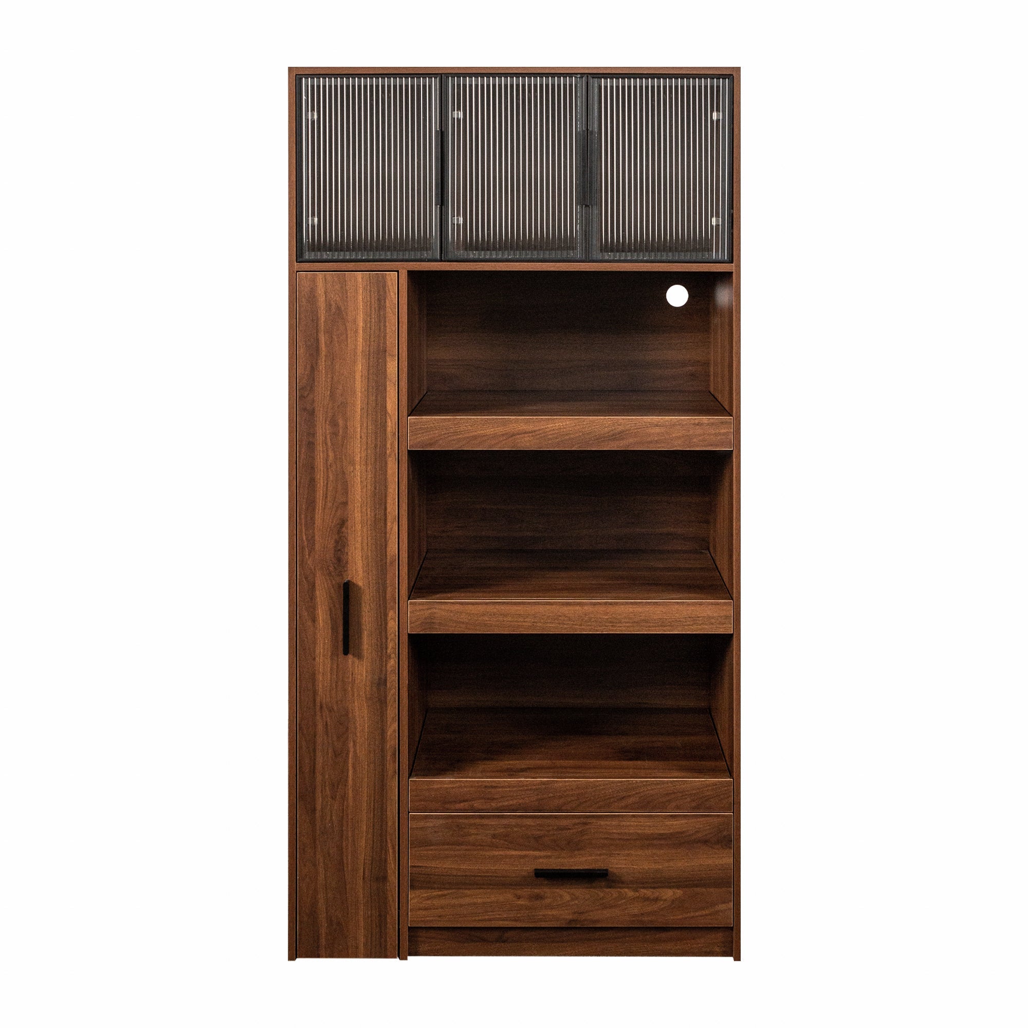 70.87' Tall Kitchen Pantry Cabinet with multi-functional pull-out multi-tier storage shelf, 1 Drawers,with Aluminum frame glass door,Freestanding Food Hutch with Microwave Stand for Dining Room