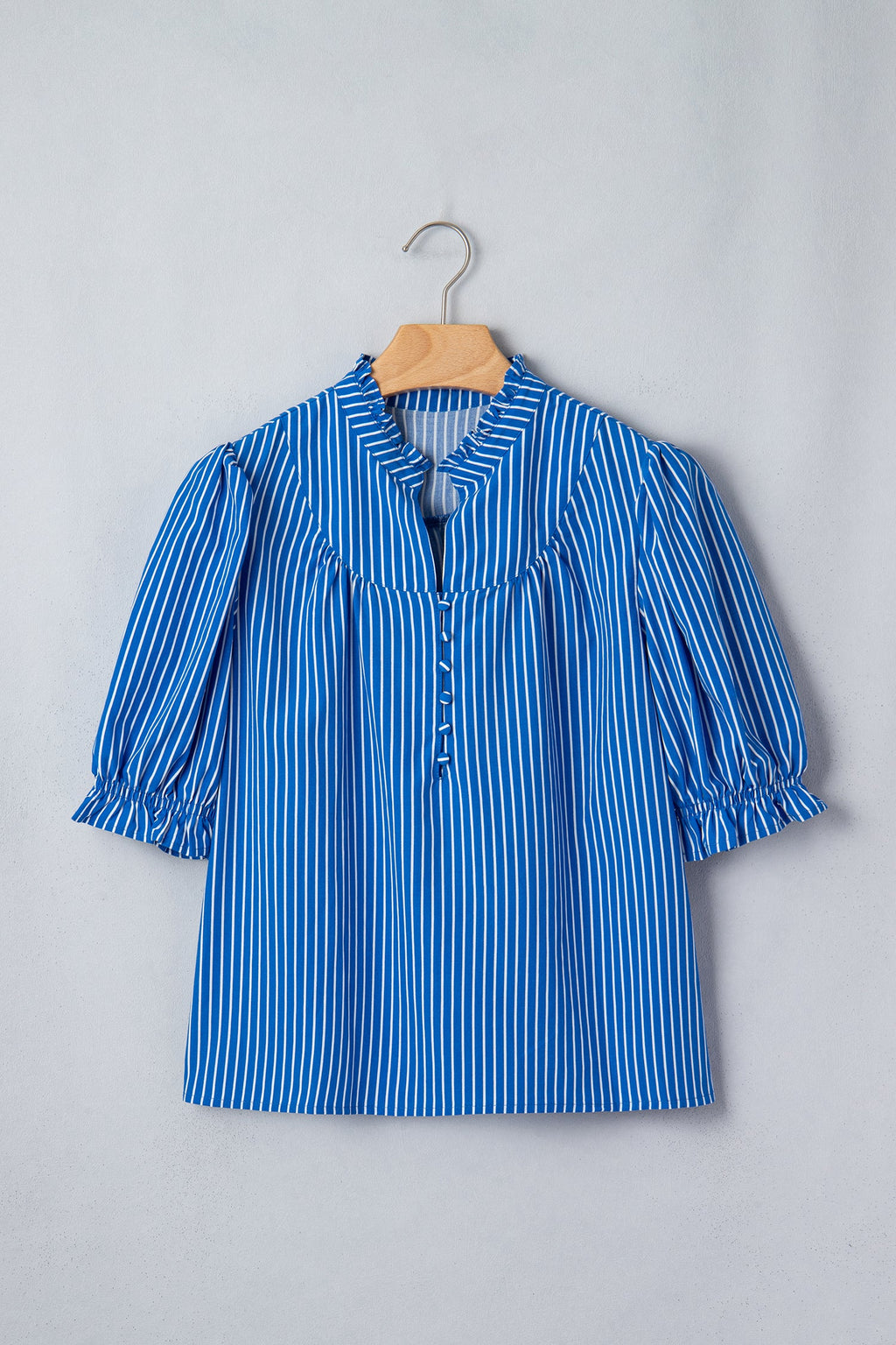 Stripe Ruffle Puff Sleeve Button Front Blouse