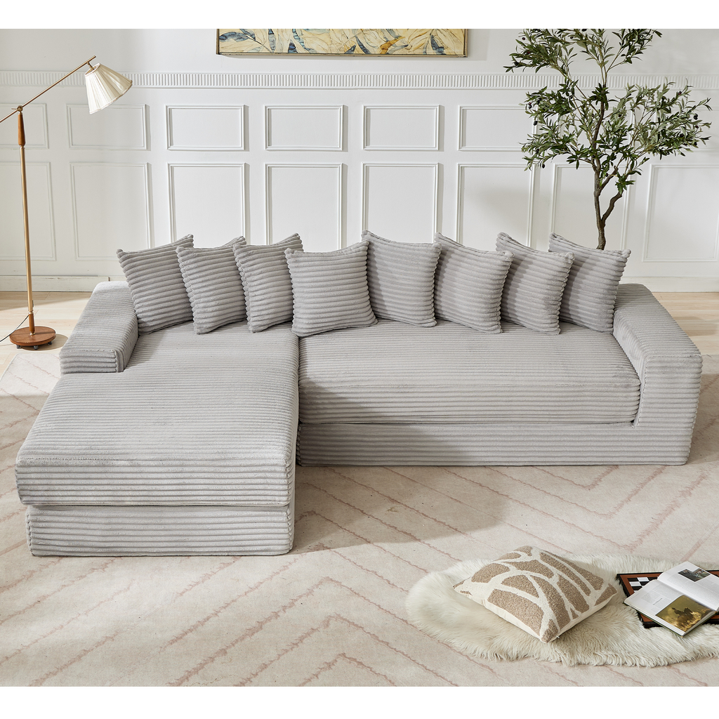 [NEW ARRIVED] [VIDEO PROVIDED]   Oversize Cloud Couch, L-Shape Sofa, Convertible Floor Sleeper Sofa Bed,  No Assembly ,Eight pillows,3-in-1,Side Pocket,(Left Facing Sofa),3 Seat,Corduroy,Light Gray