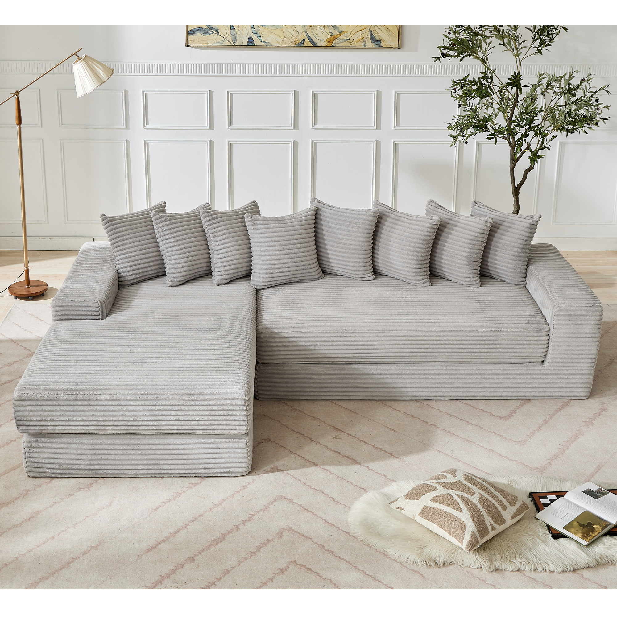 [NEW ARRIVED] [VIDEO PROVIDED]   Oversize Cloud Couch, L-Shape Sofa, Convertible Floor Sleeper Sofa Bed,  No Assembly ,Eight pillows,3-in-1,Side Pocket,(Left Facing Sofa),3 Seat,Corduroy,Light Gray