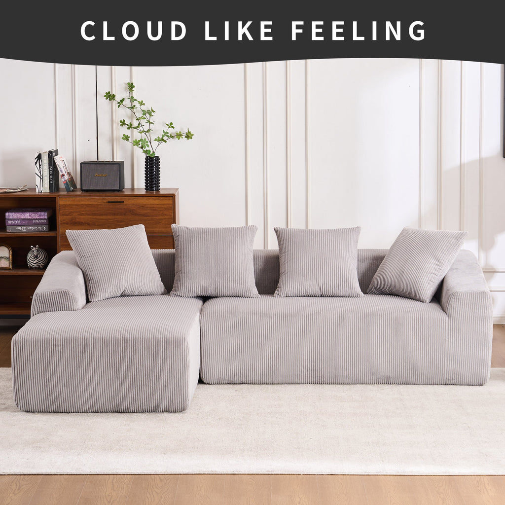 LY-023 LIGHT GREY COMPRESSION SOFA: Combining chaise longue with 3-seater, Corduroy Fabric, full sponge compression sofa,combined sofa with 4 pillows for living/ Home Furniture/ Apartment