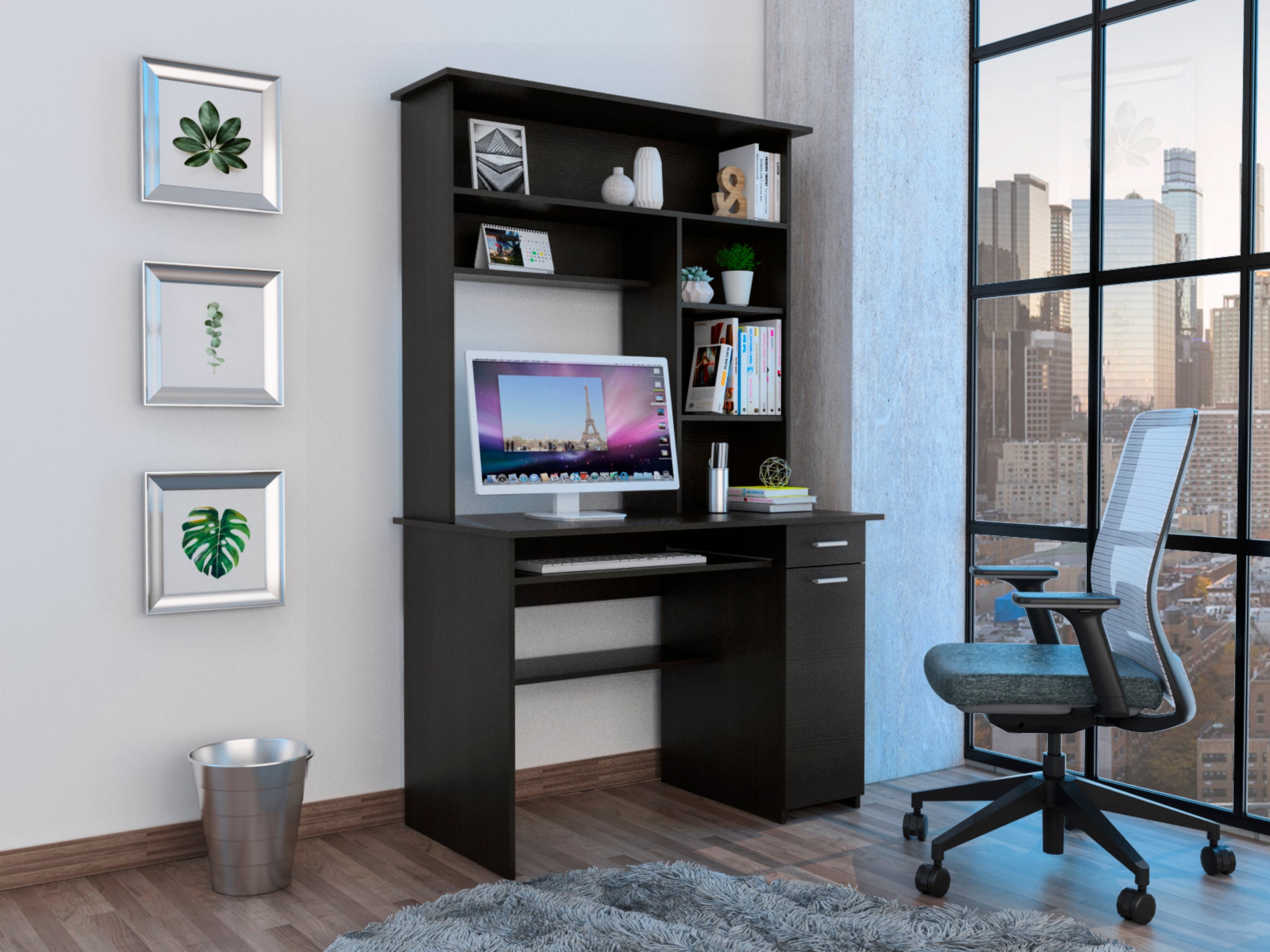 Compu 180 Hutch Desk, Multiple Shelves, Keyboard Tray, CPU anel, One Drawer -Black